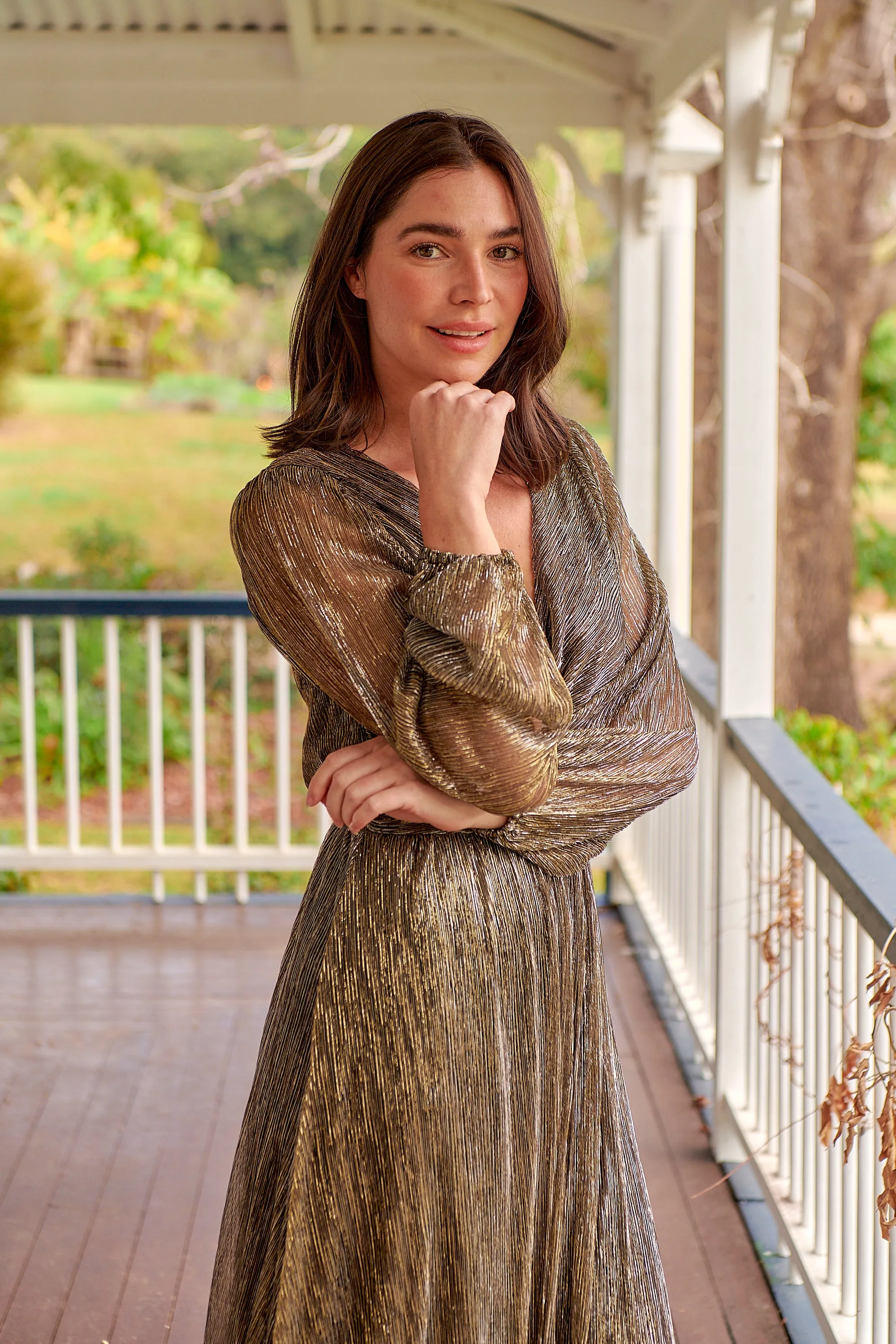 Abigail Gold Long Sleeve Midi Evening Dress