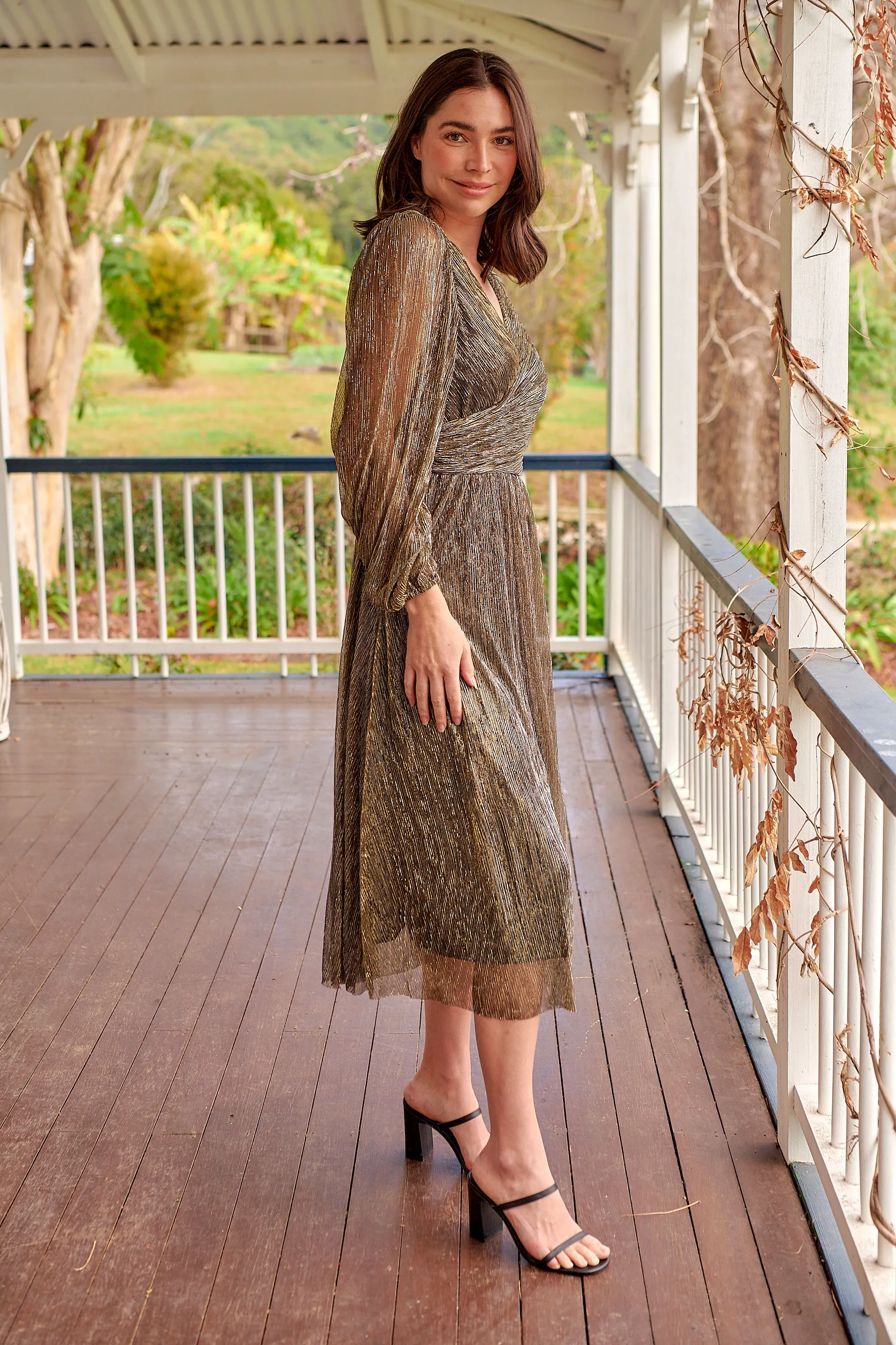 Abigail Gold Long Sleeve Midi Evening Dress
