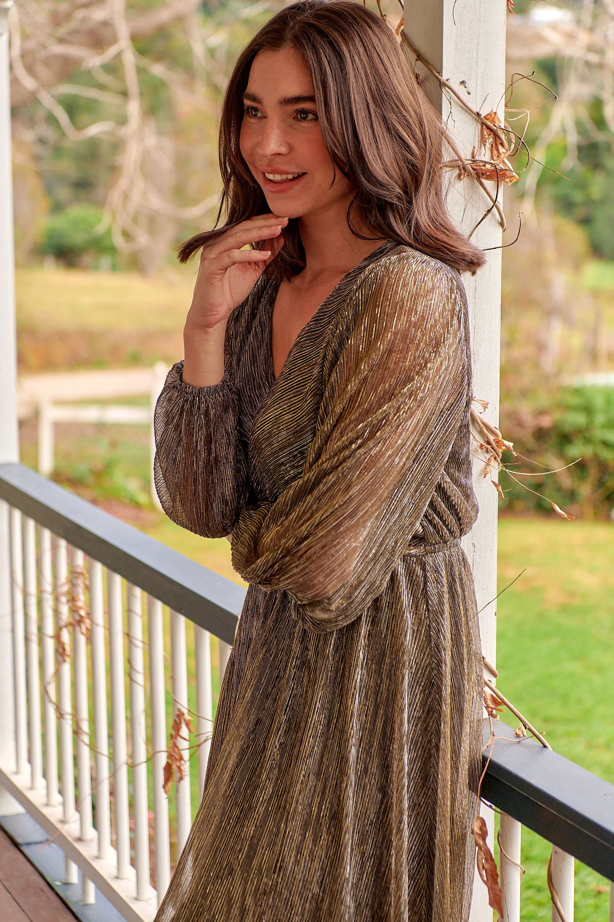 Abigail Gold Long Sleeve Midi Evening Dress