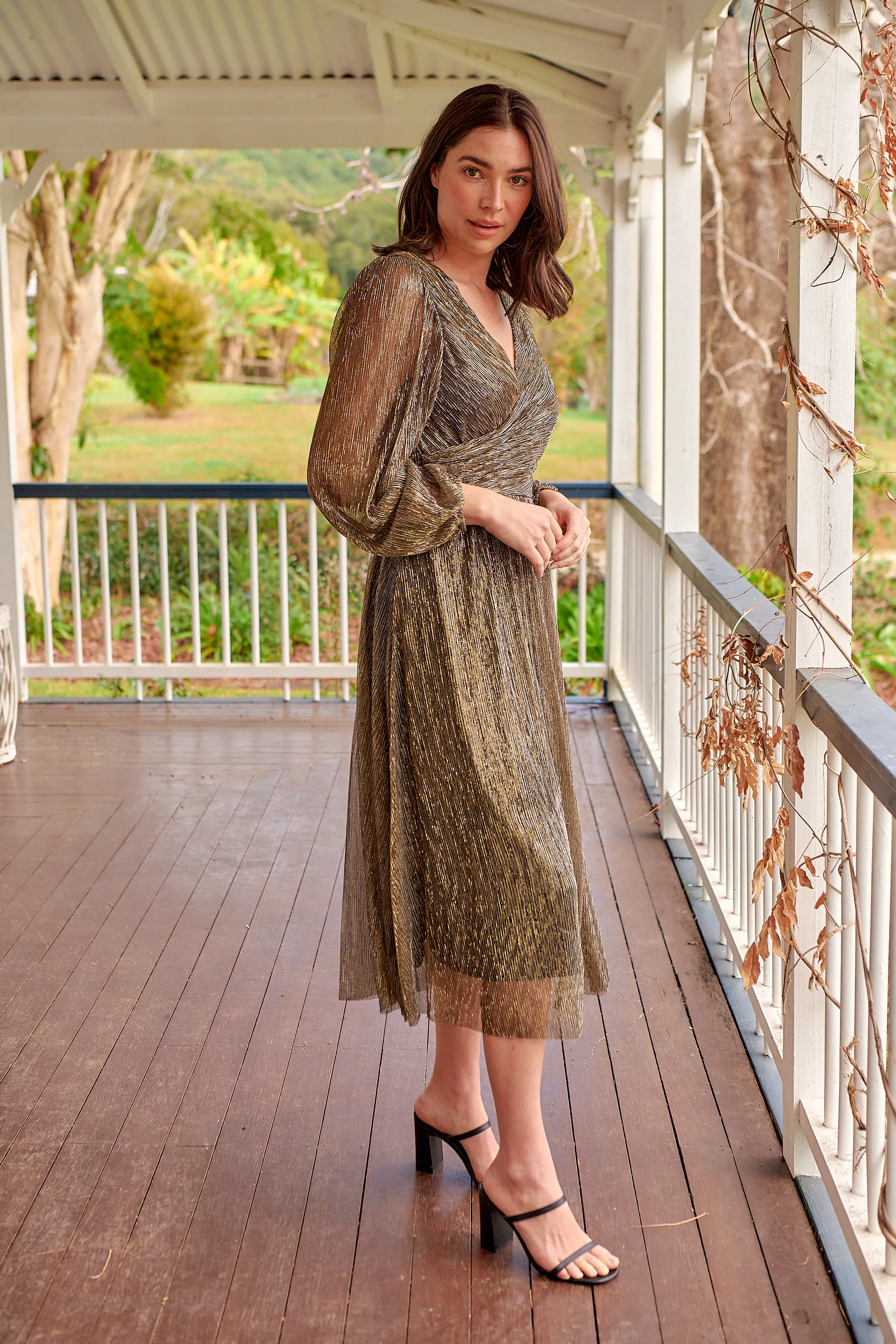 Abigail Gold Long Sleeve Midi Evening Dress