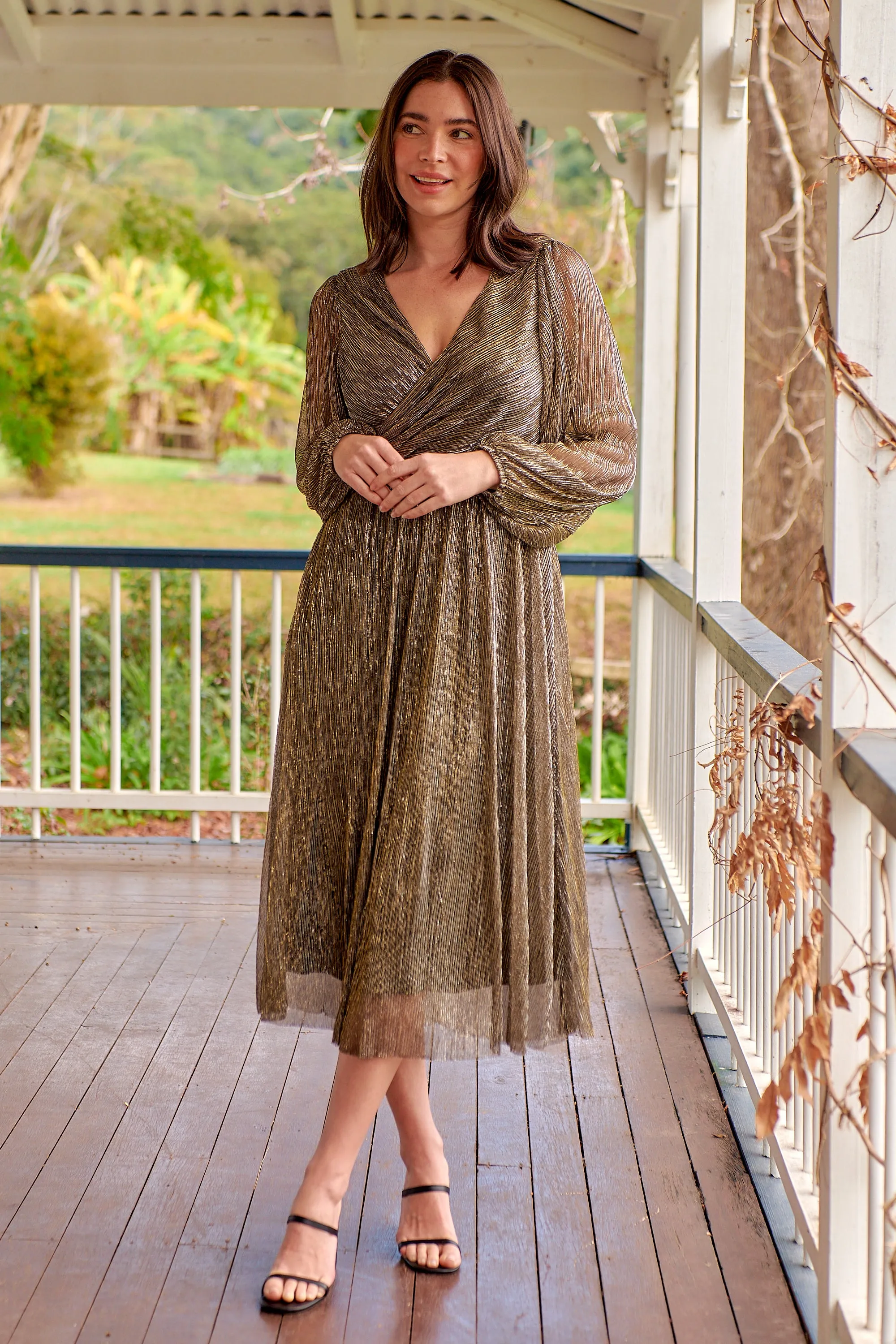 Abigail Gold Long Sleeve Midi Evening Dress