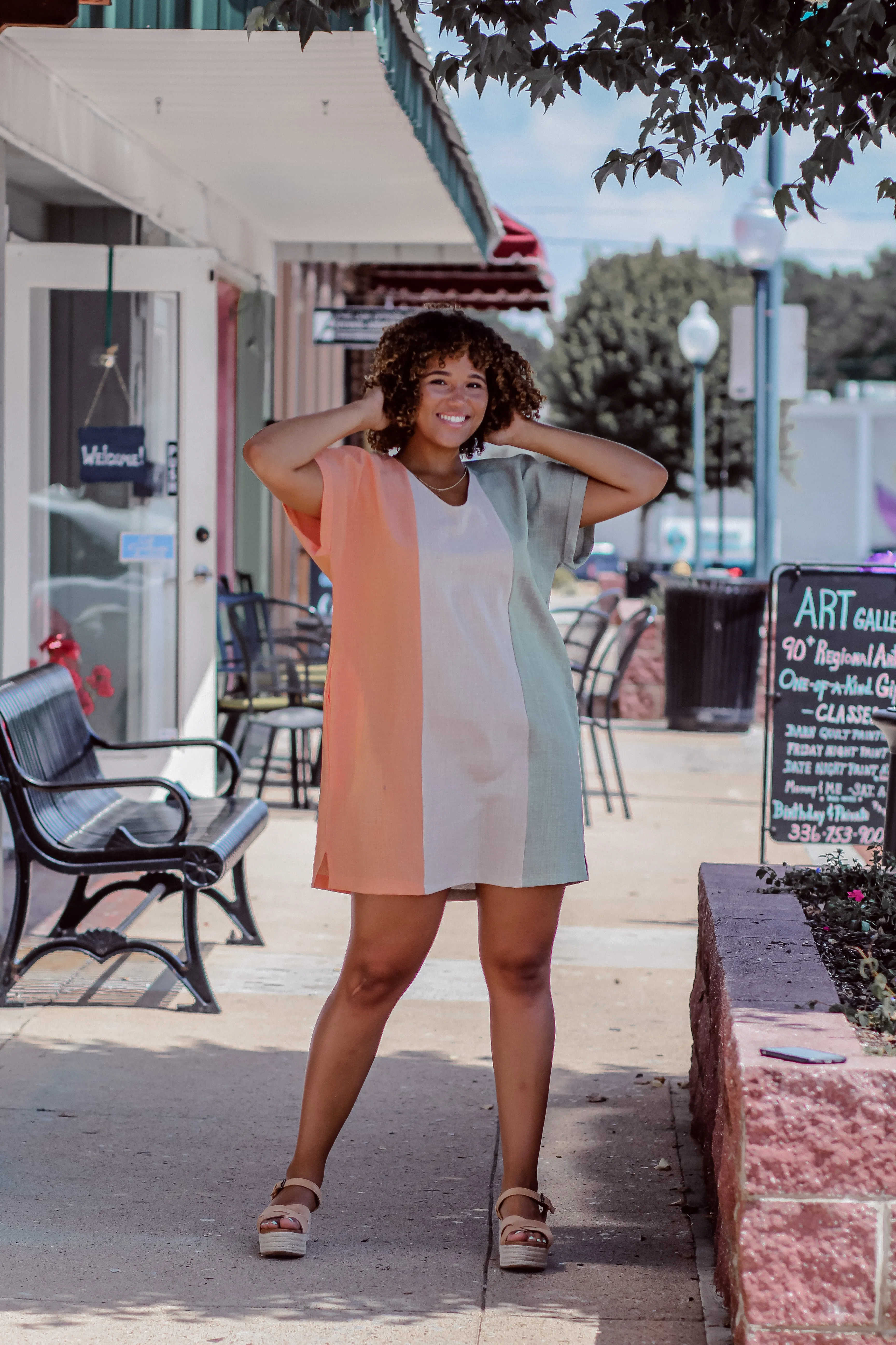 Coral & Sage Color Block V Neck Mini Dress In Regular & Curvy