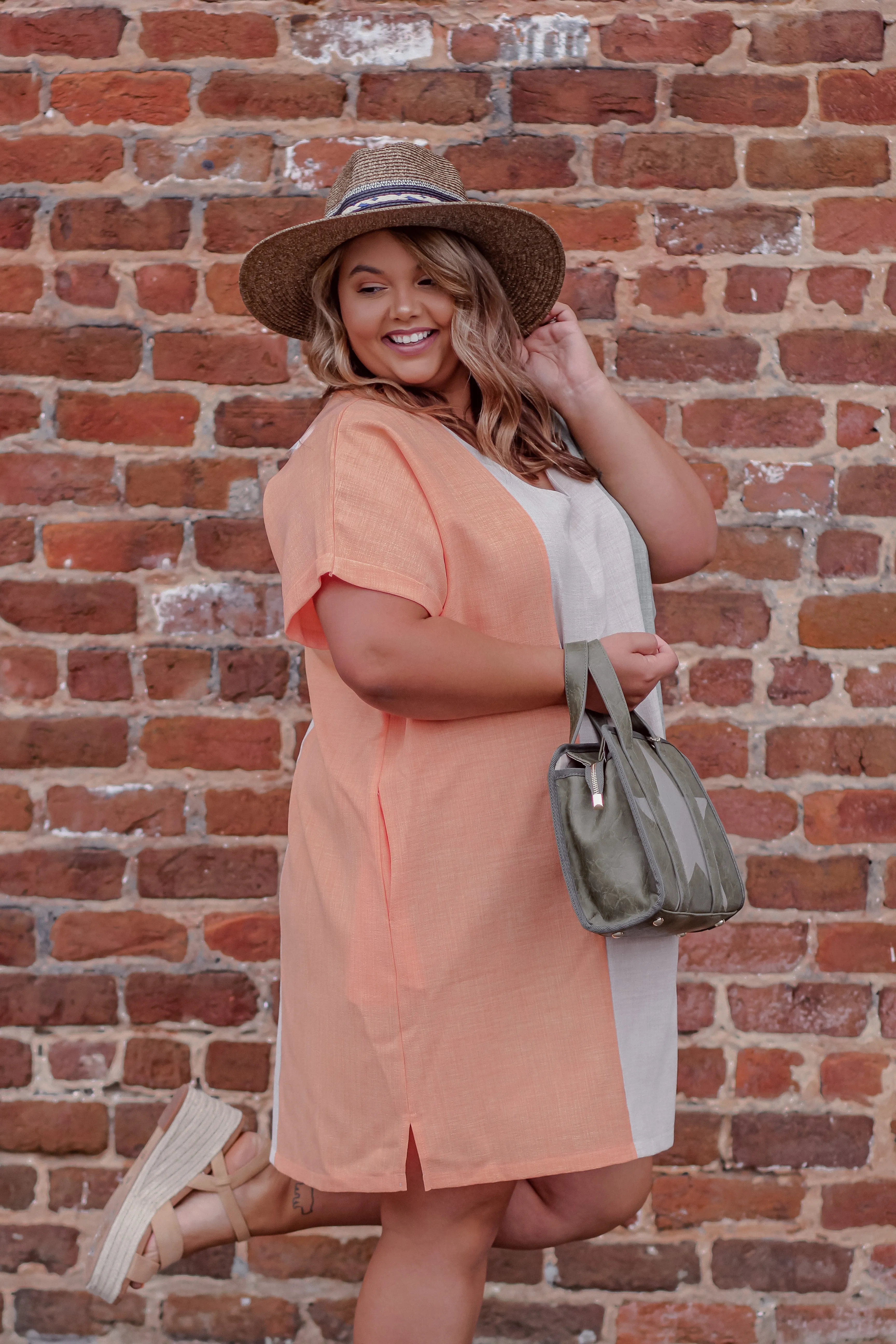Coral & Sage Color Block V Neck Mini Dress In Regular & Curvy