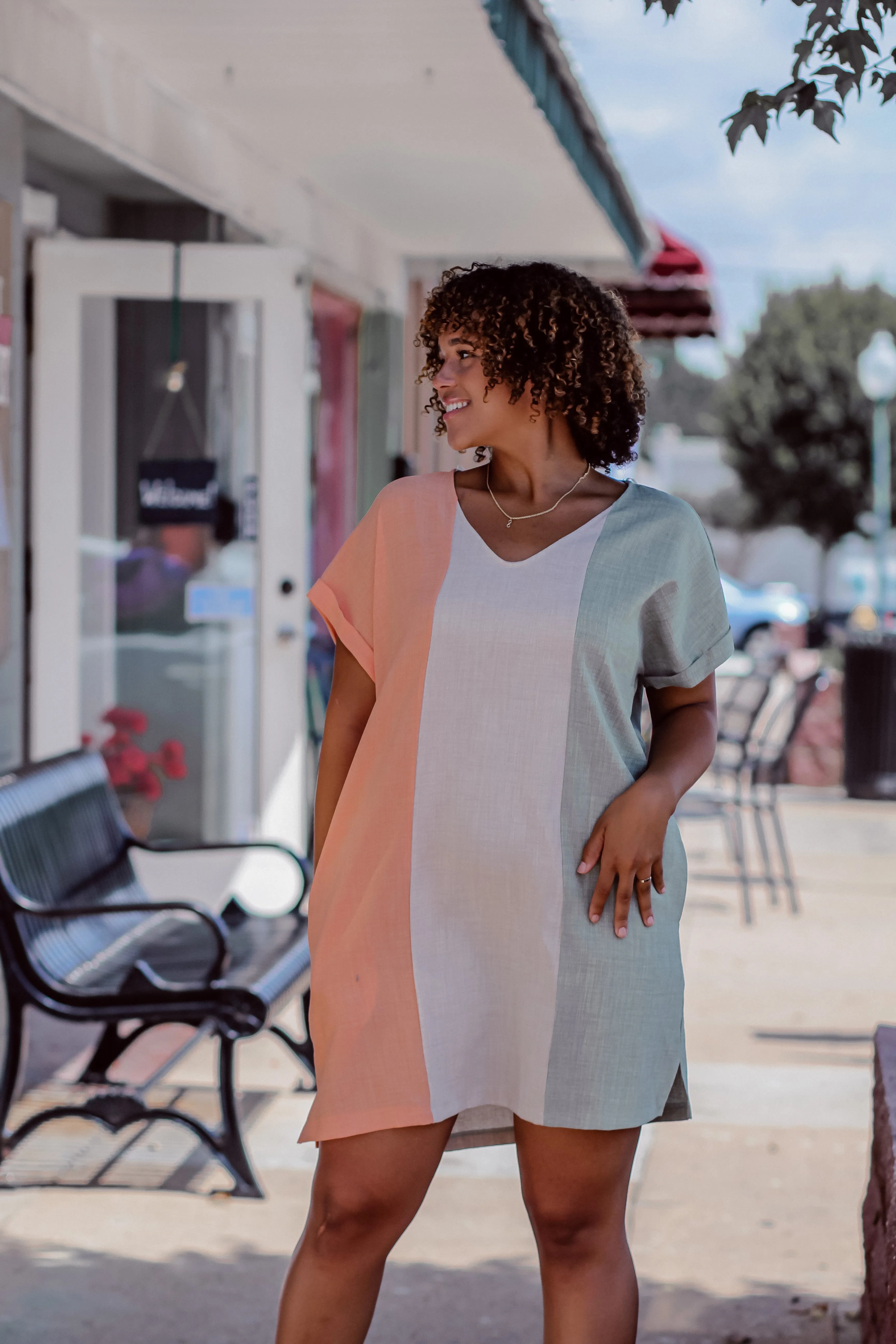 Coral & Sage Color Block V Neck Mini Dress In Regular & Curvy