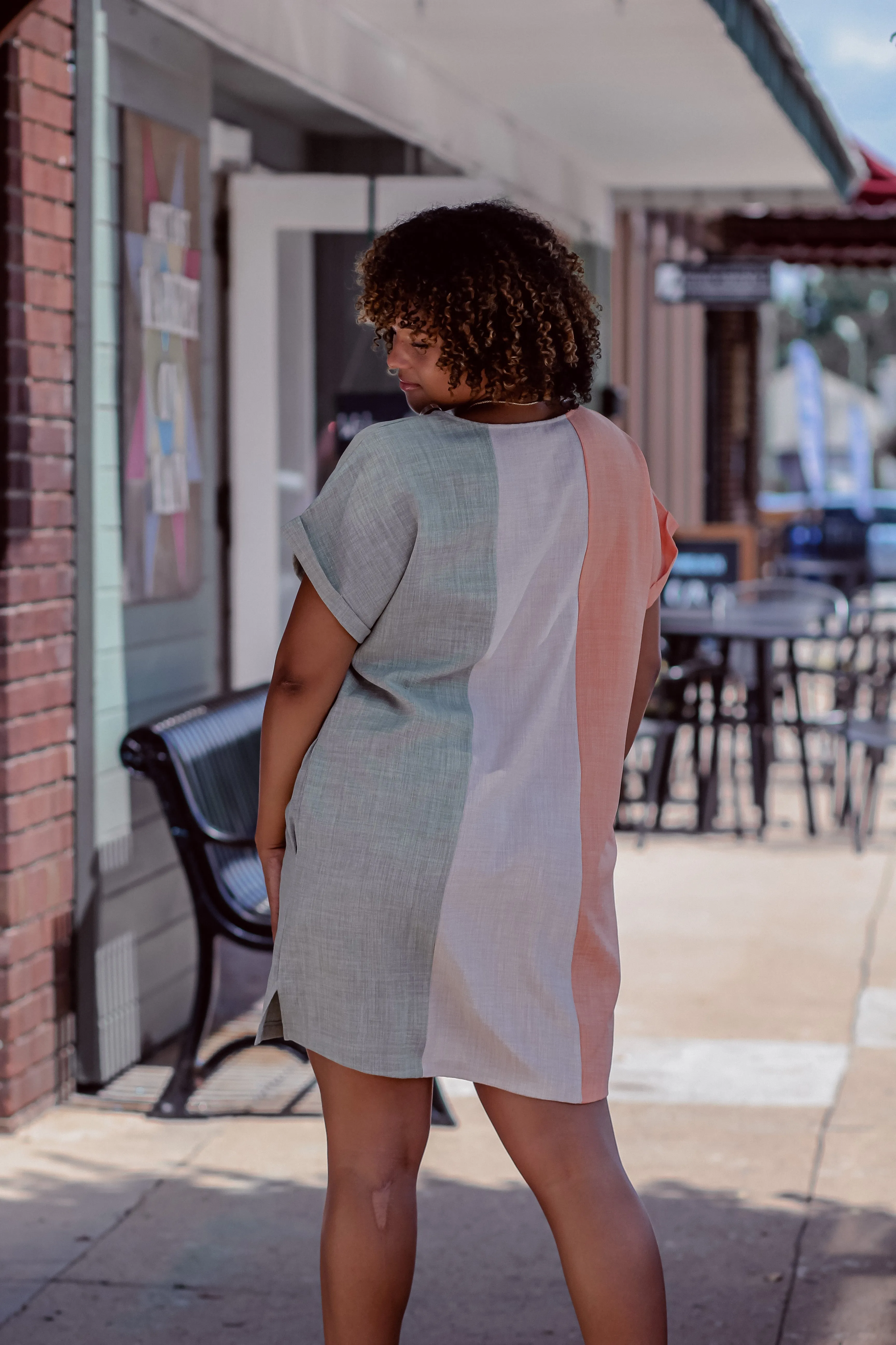 Coral & Sage Color Block V Neck Mini Dress In Regular & Curvy