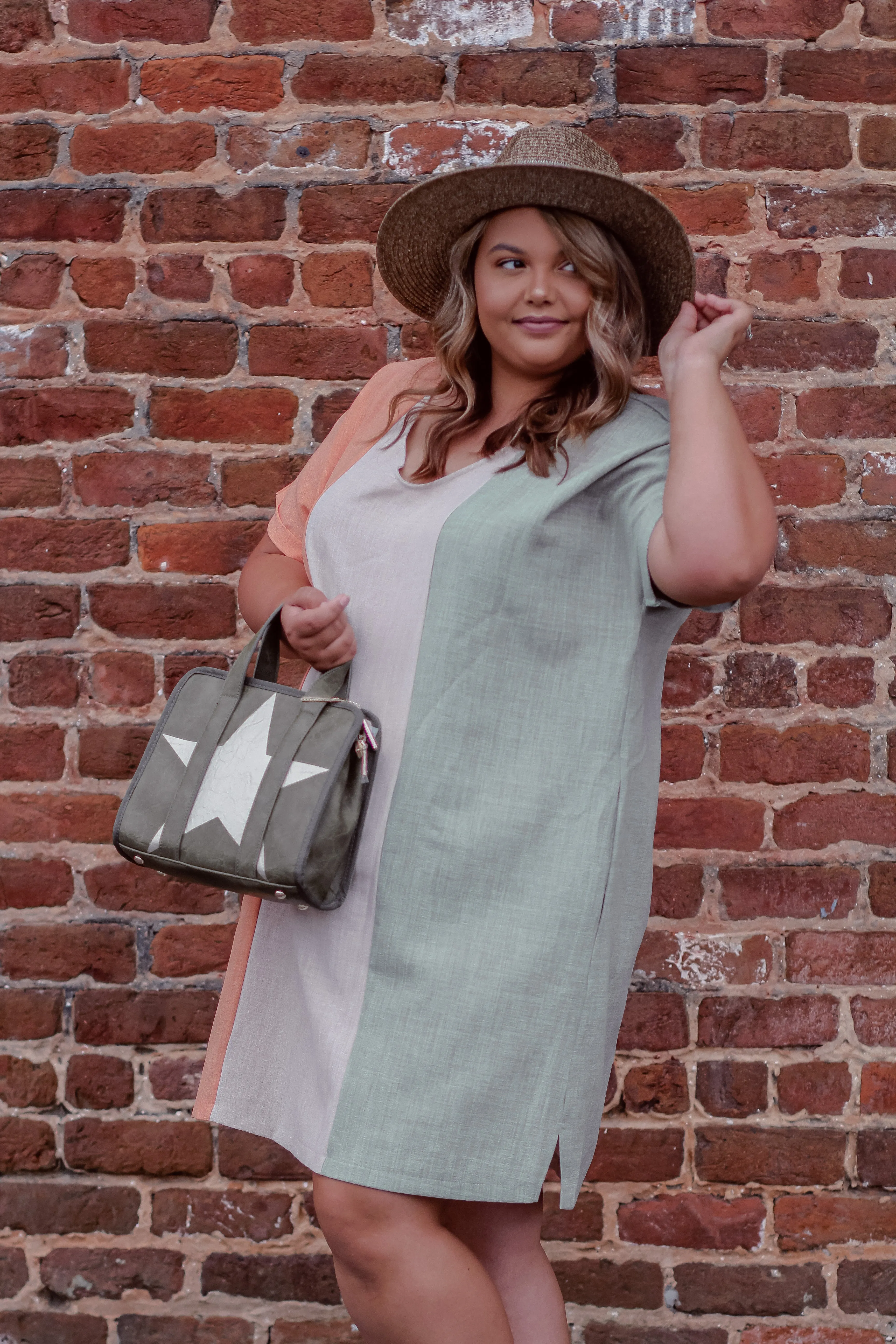 Coral & Sage Color Block V Neck Mini Dress In Regular & Curvy