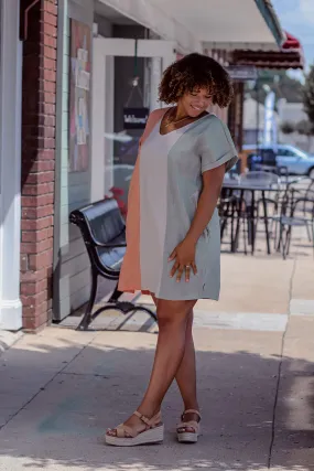 Coral & Sage Color Block V Neck Mini Dress In Regular & Curvy