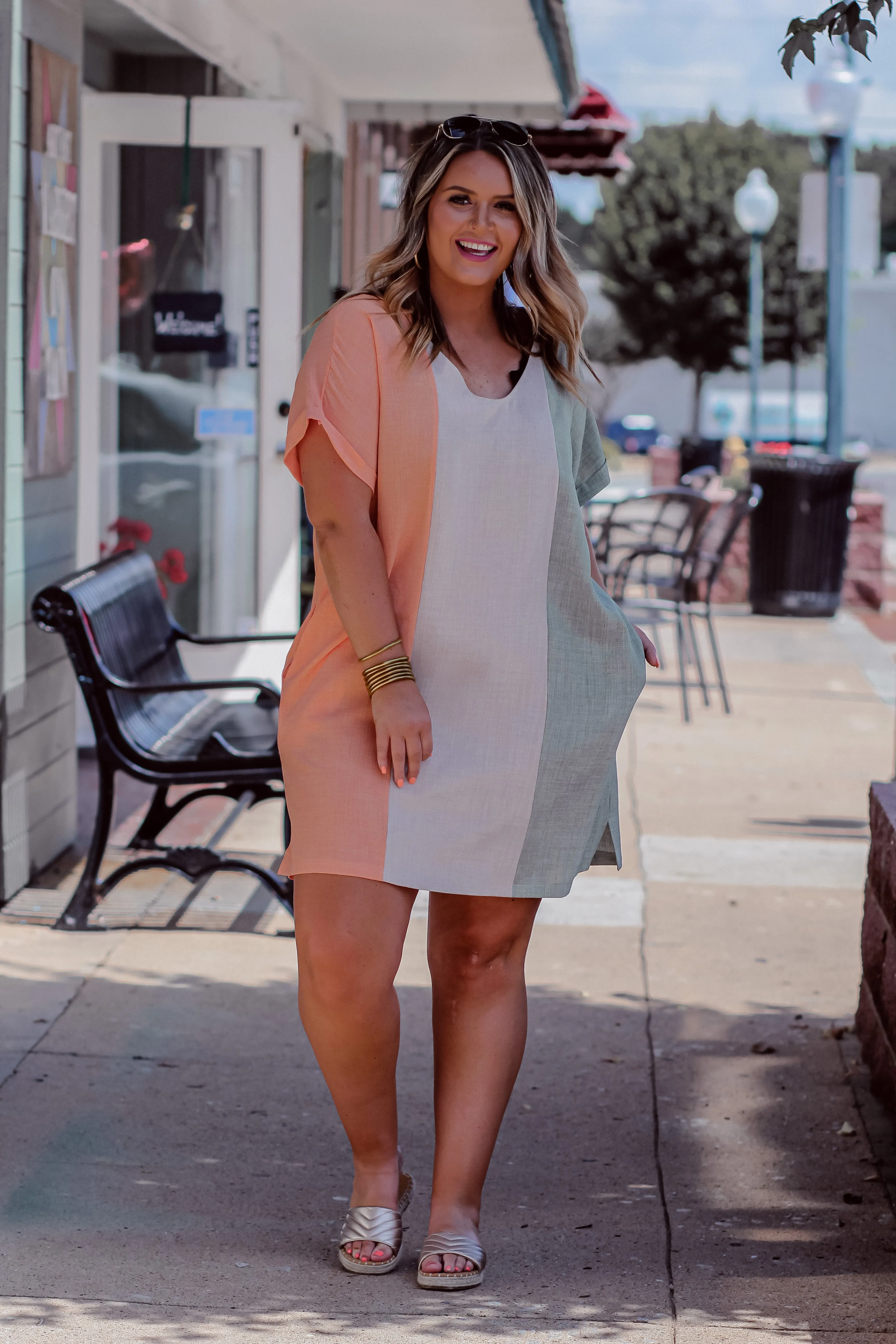 Coral & Sage Color Block V Neck Mini Dress In Regular & Curvy