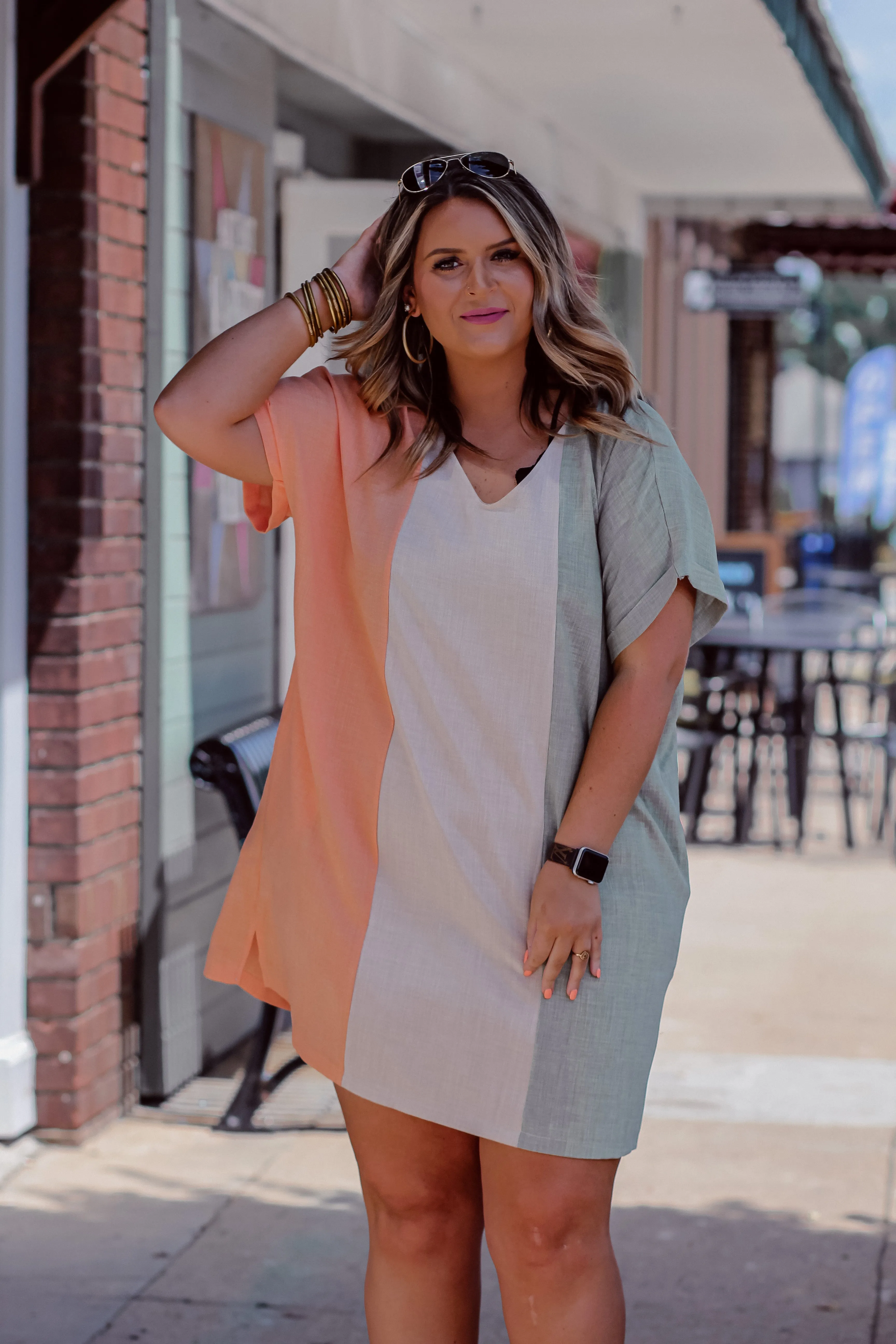 Coral & Sage Color Block V Neck Mini Dress In Regular & Curvy