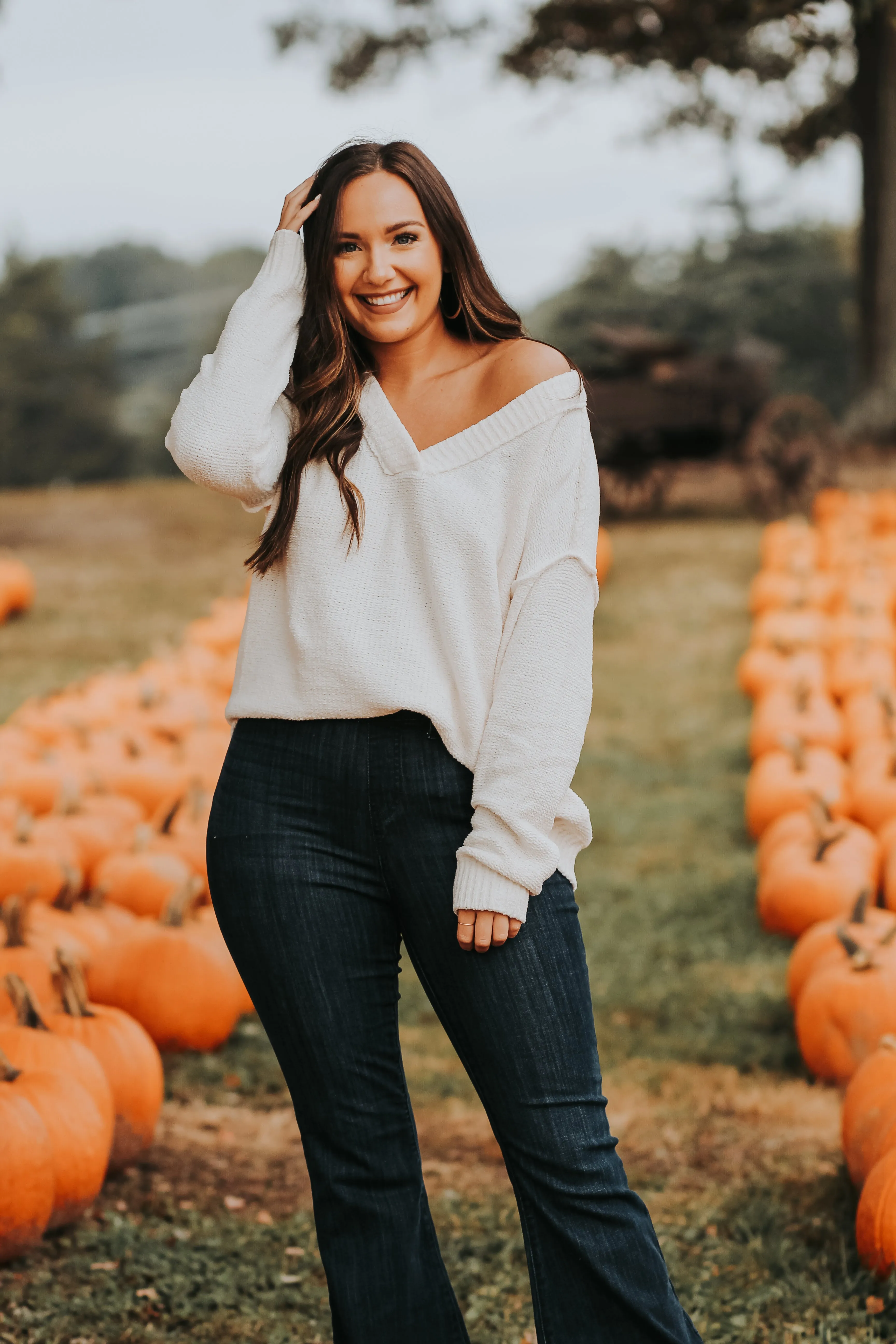 Cream Soft Knit V Neck Sweater
