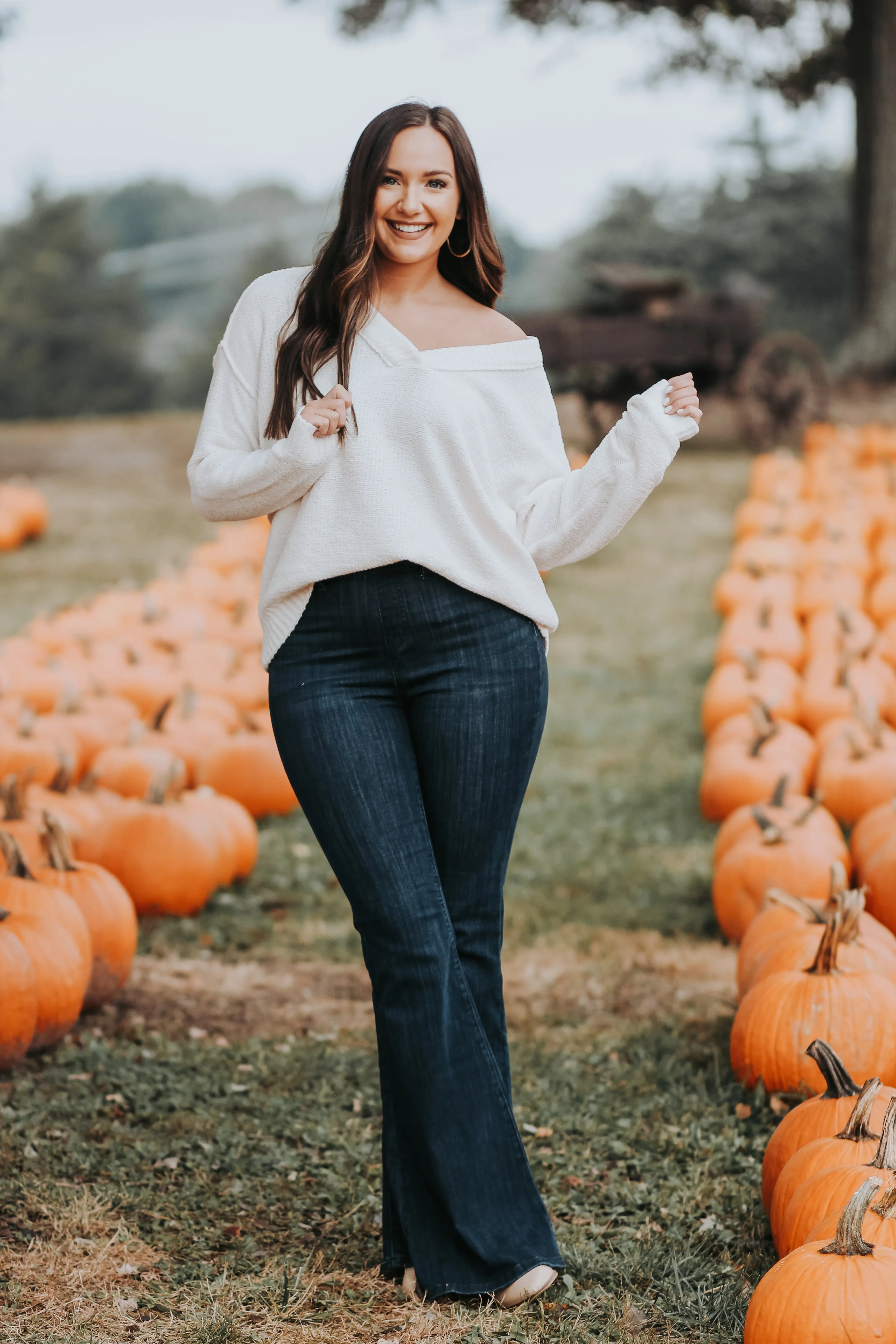 Cream Soft Knit V Neck Sweater