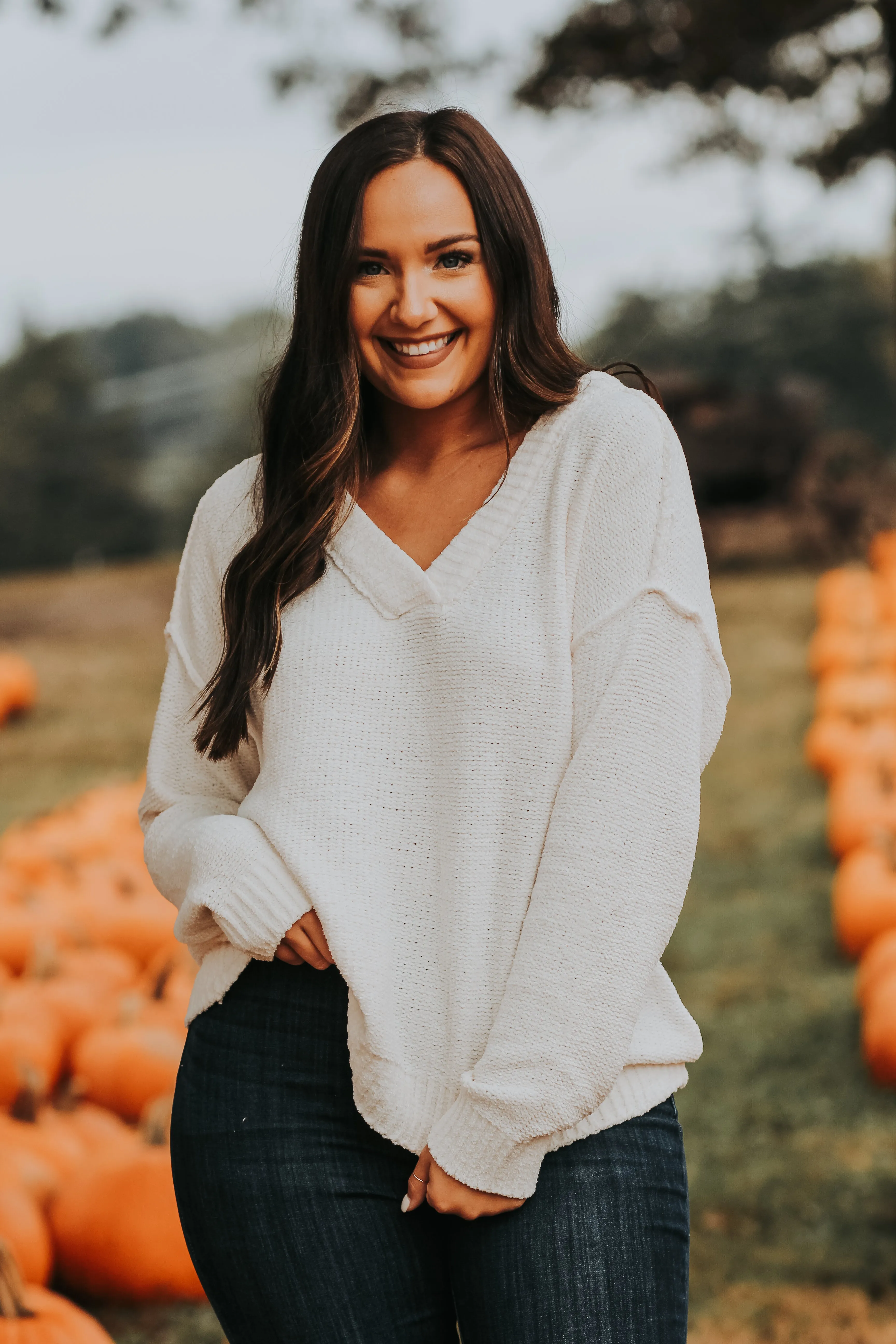 Cream Soft Knit V Neck Sweater