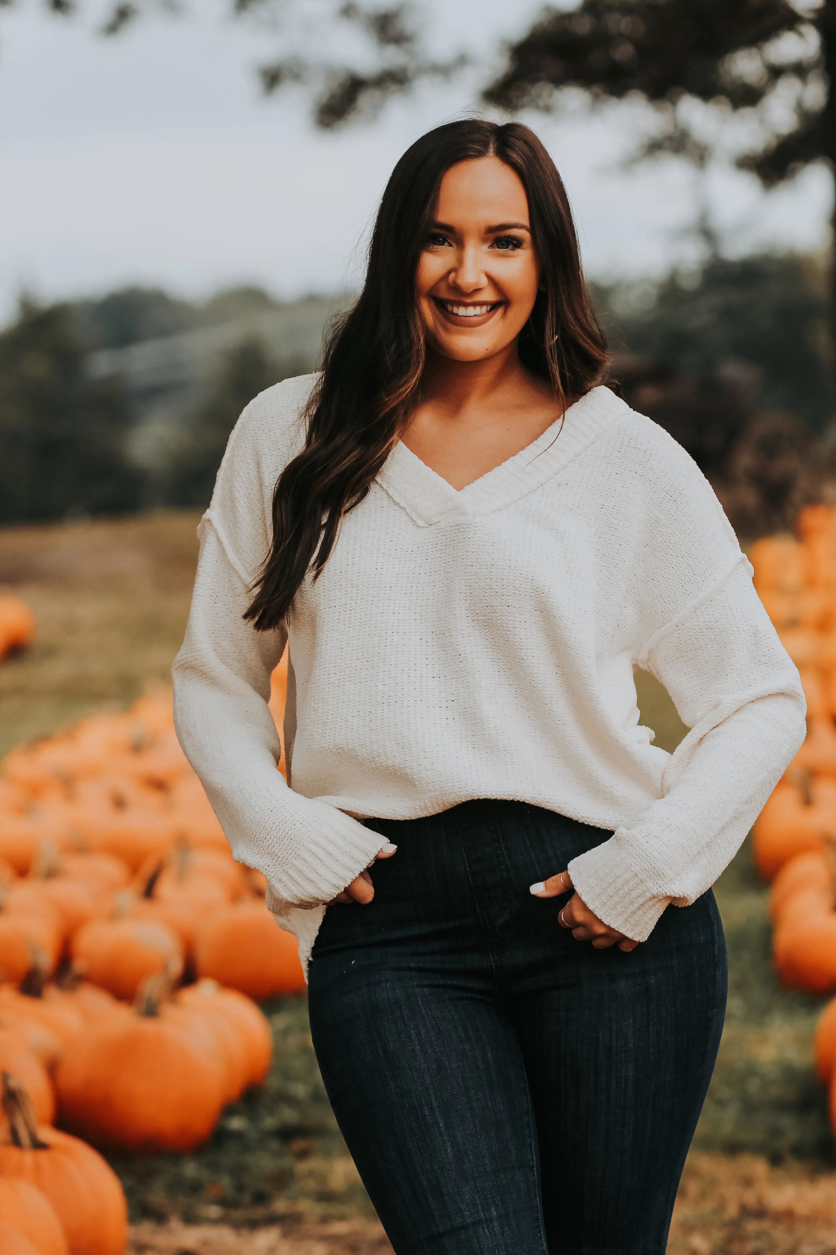 Cream Soft Knit V Neck Sweater