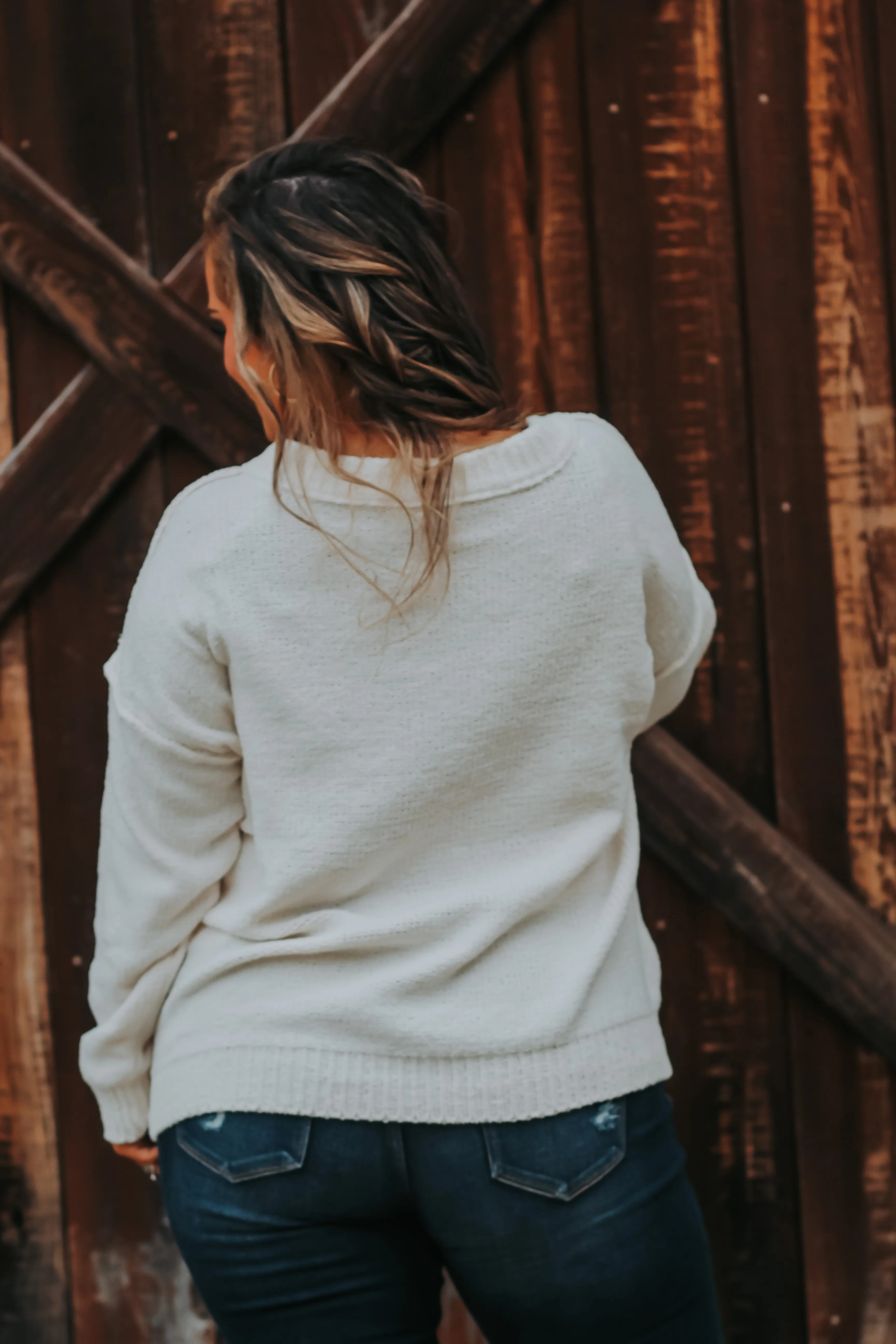 Cream Soft Knit V Neck Sweater