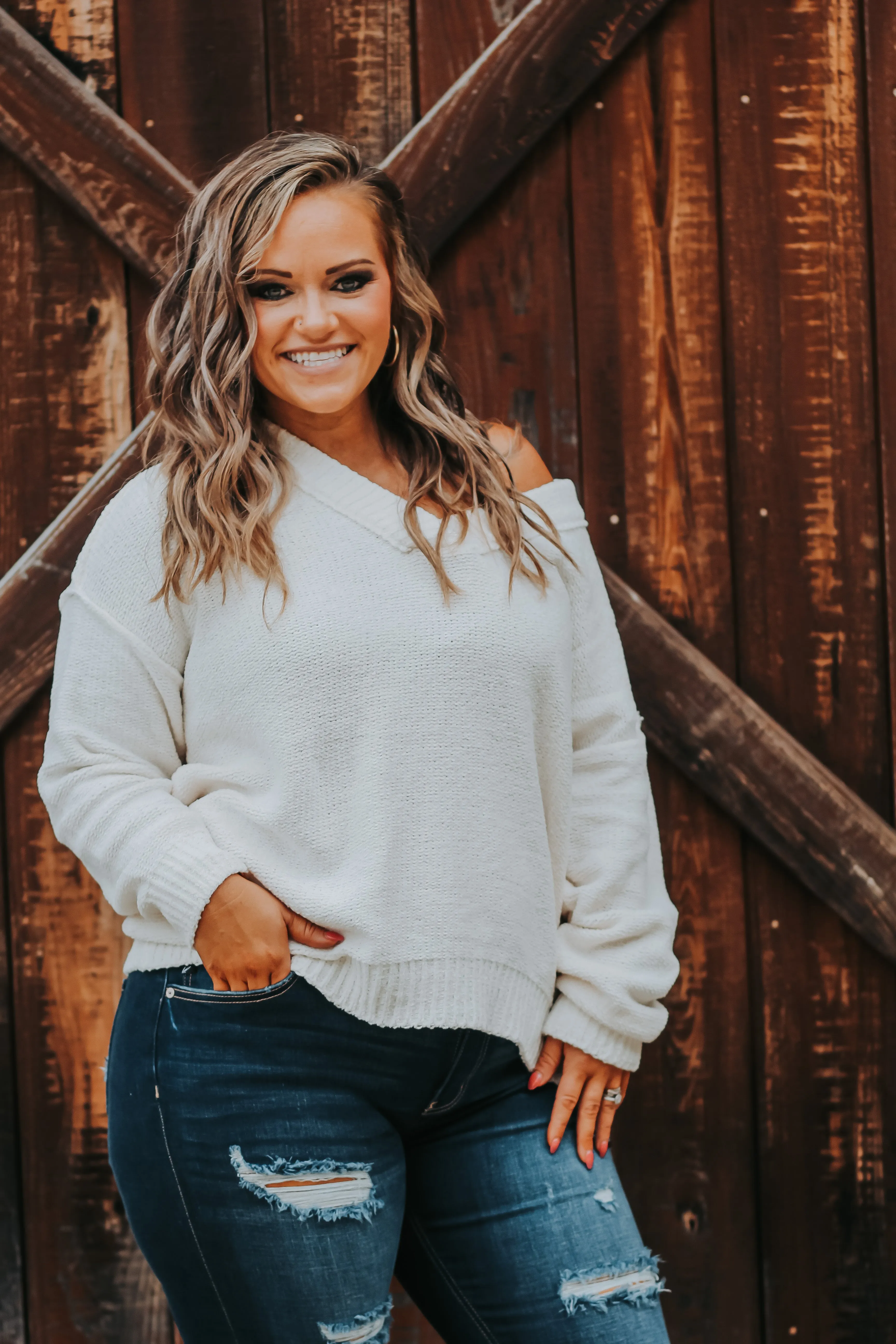 Cream Soft Knit V Neck Sweater
