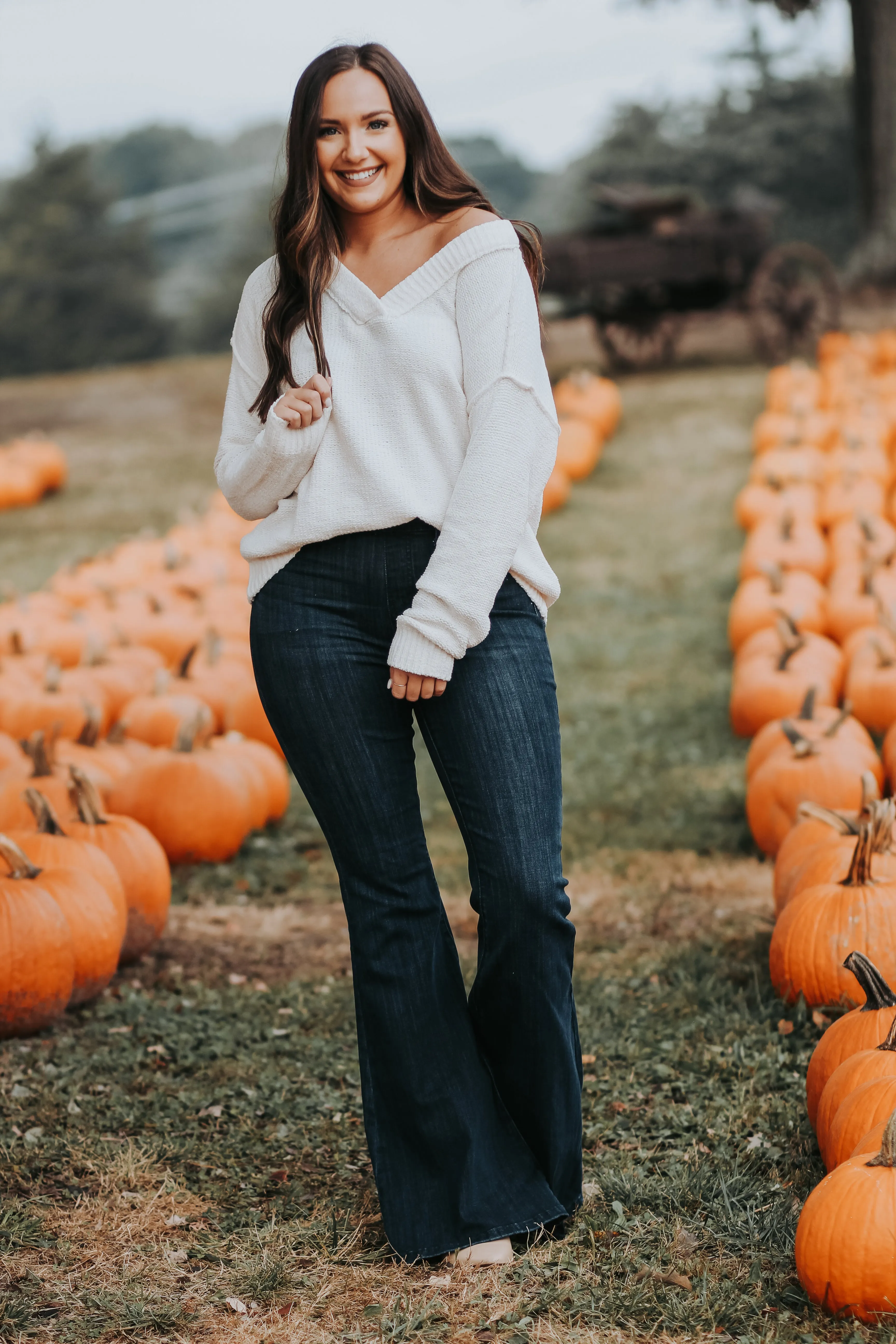 Cream Soft Knit V Neck Sweater