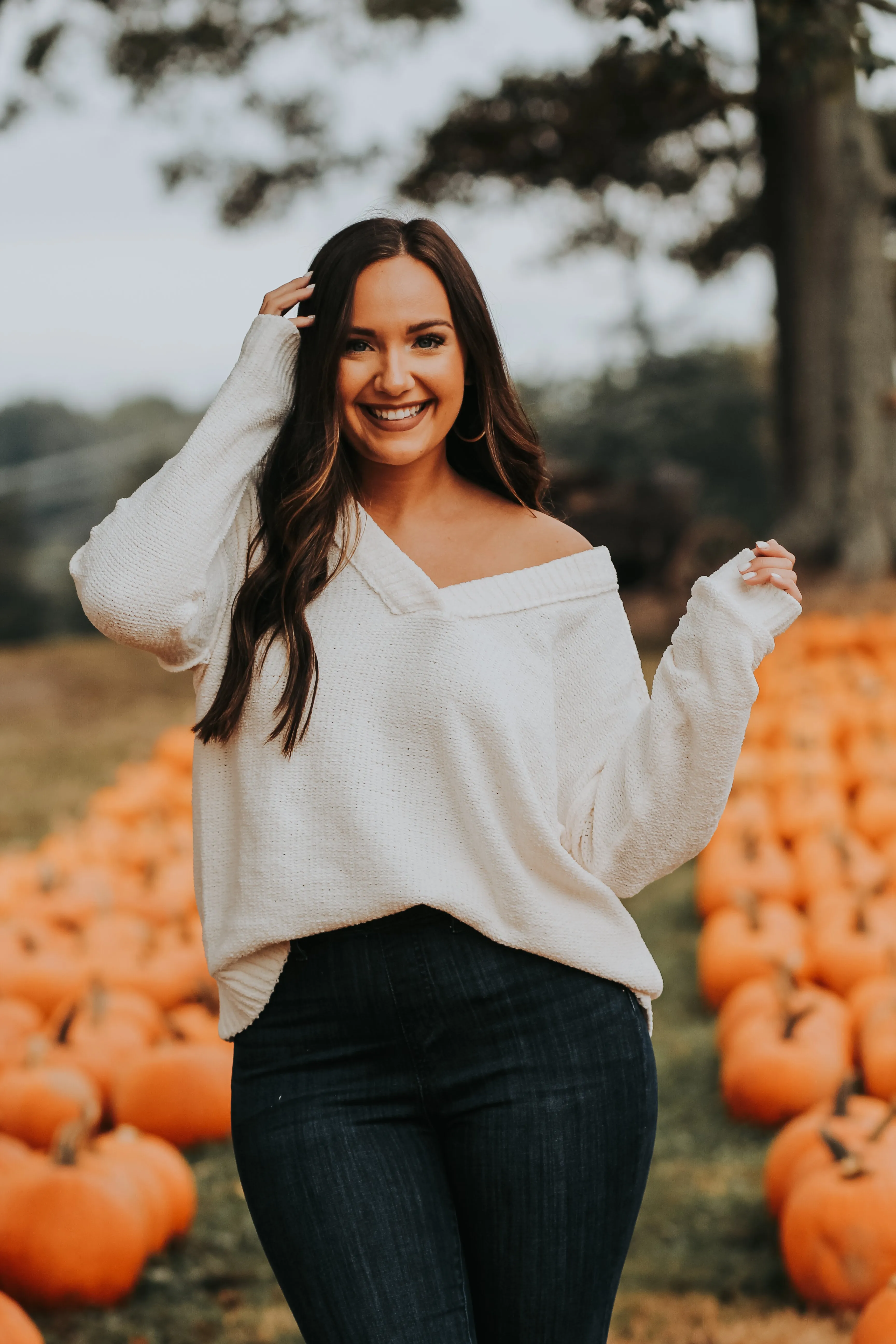 Cream Soft Knit V Neck Sweater