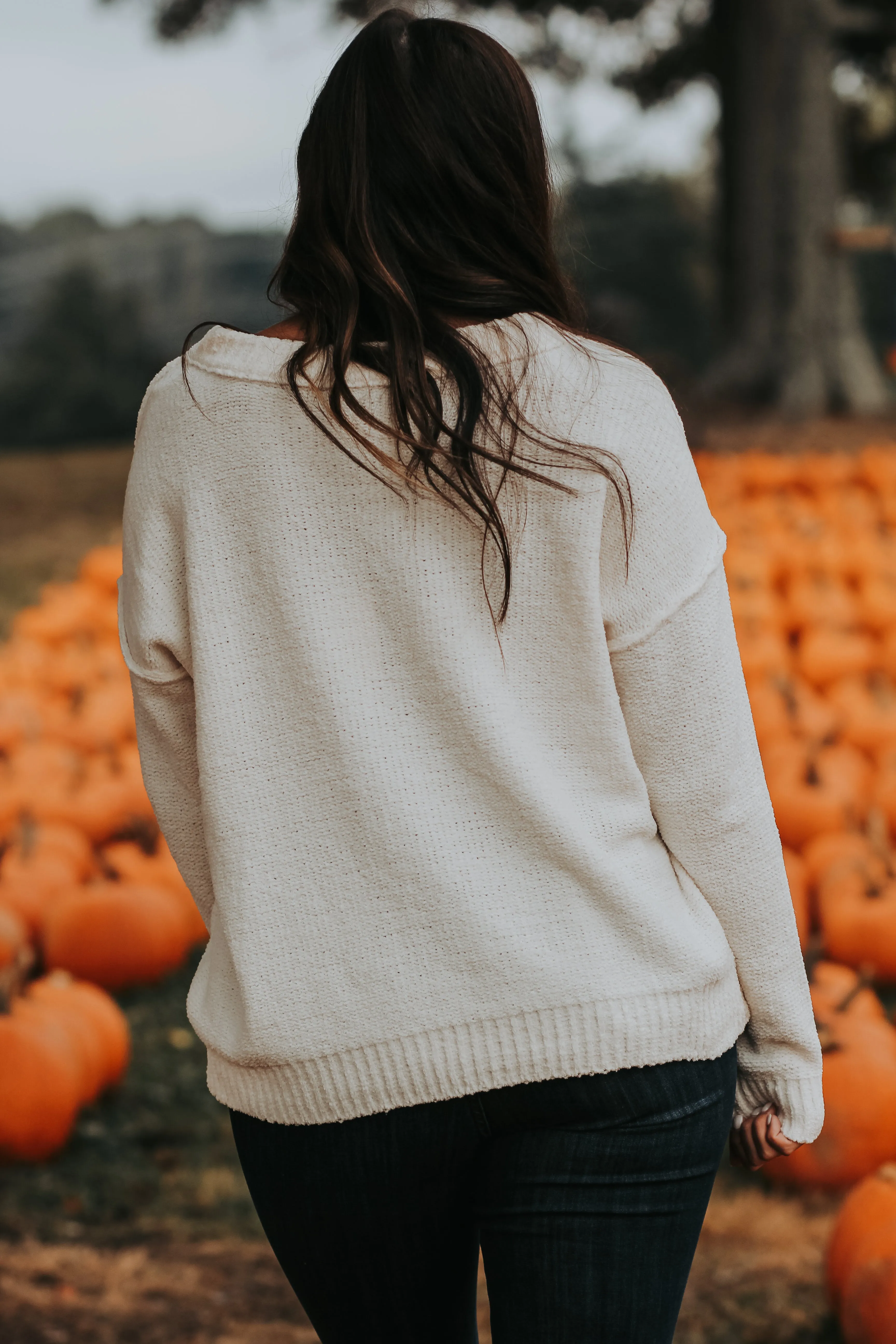 Cream Soft Knit V Neck Sweater
