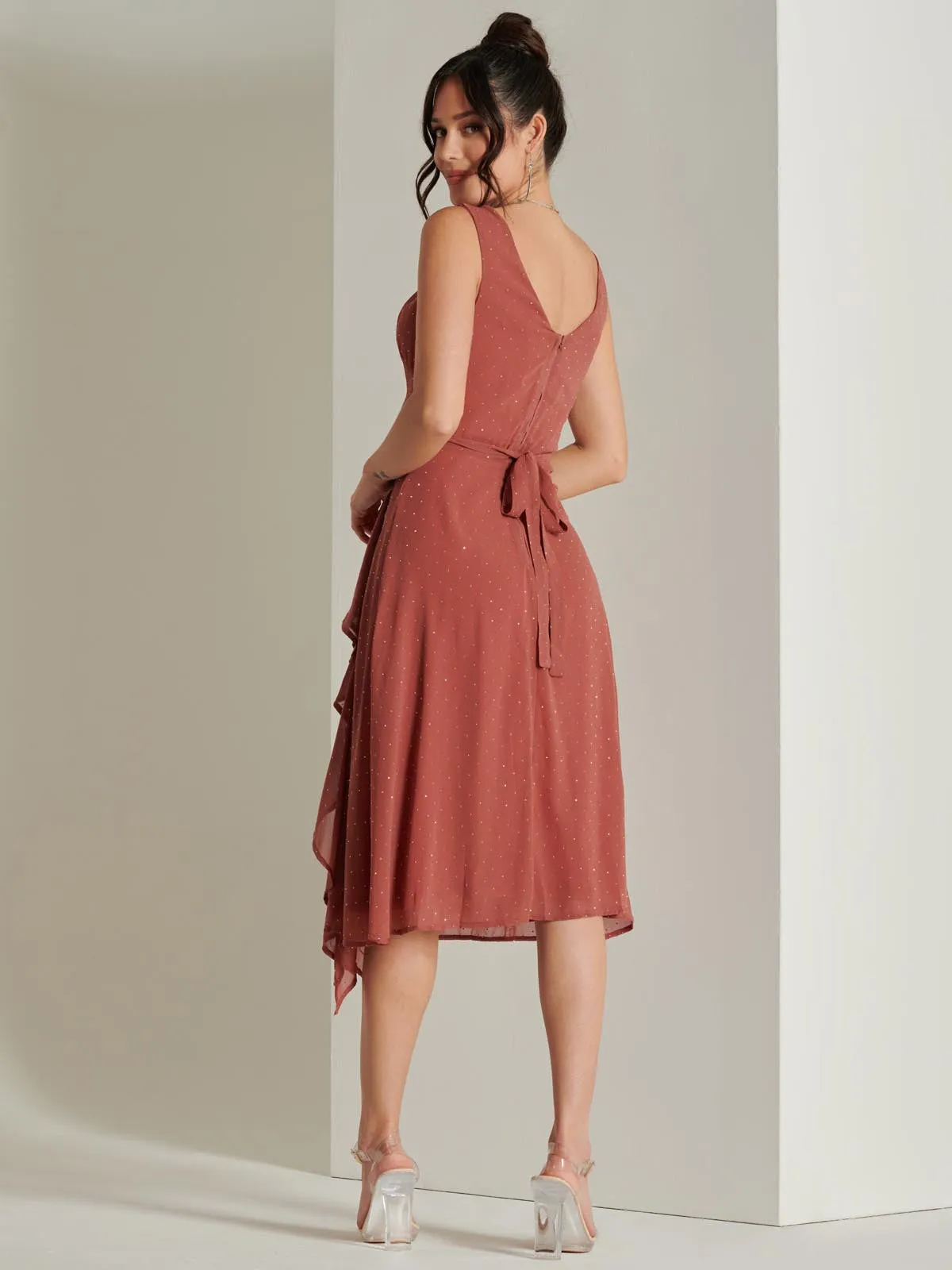 Embellished Frill Hem Chiffon Dress, Rust