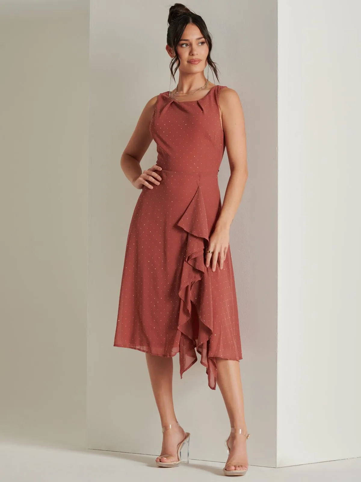 Embellished Frill Hem Chiffon Dress, Rust