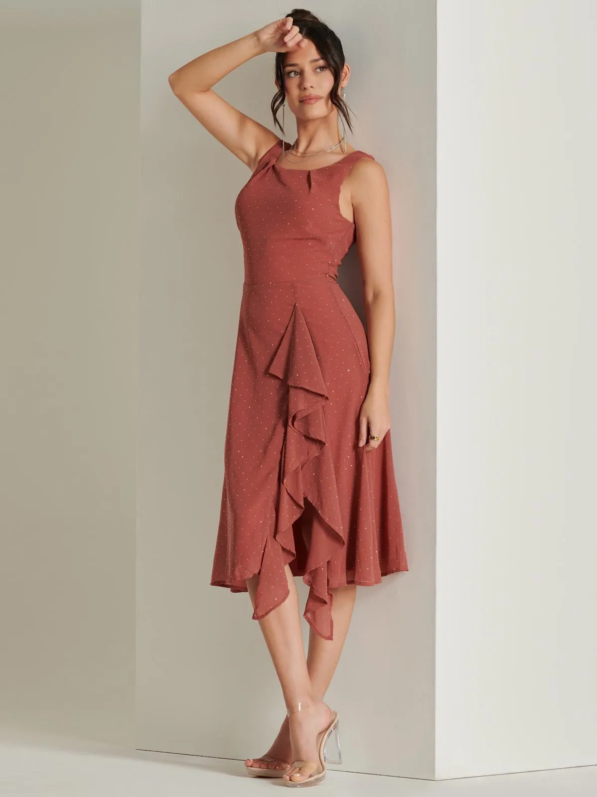 Embellished Frill Hem Chiffon Dress, Rust