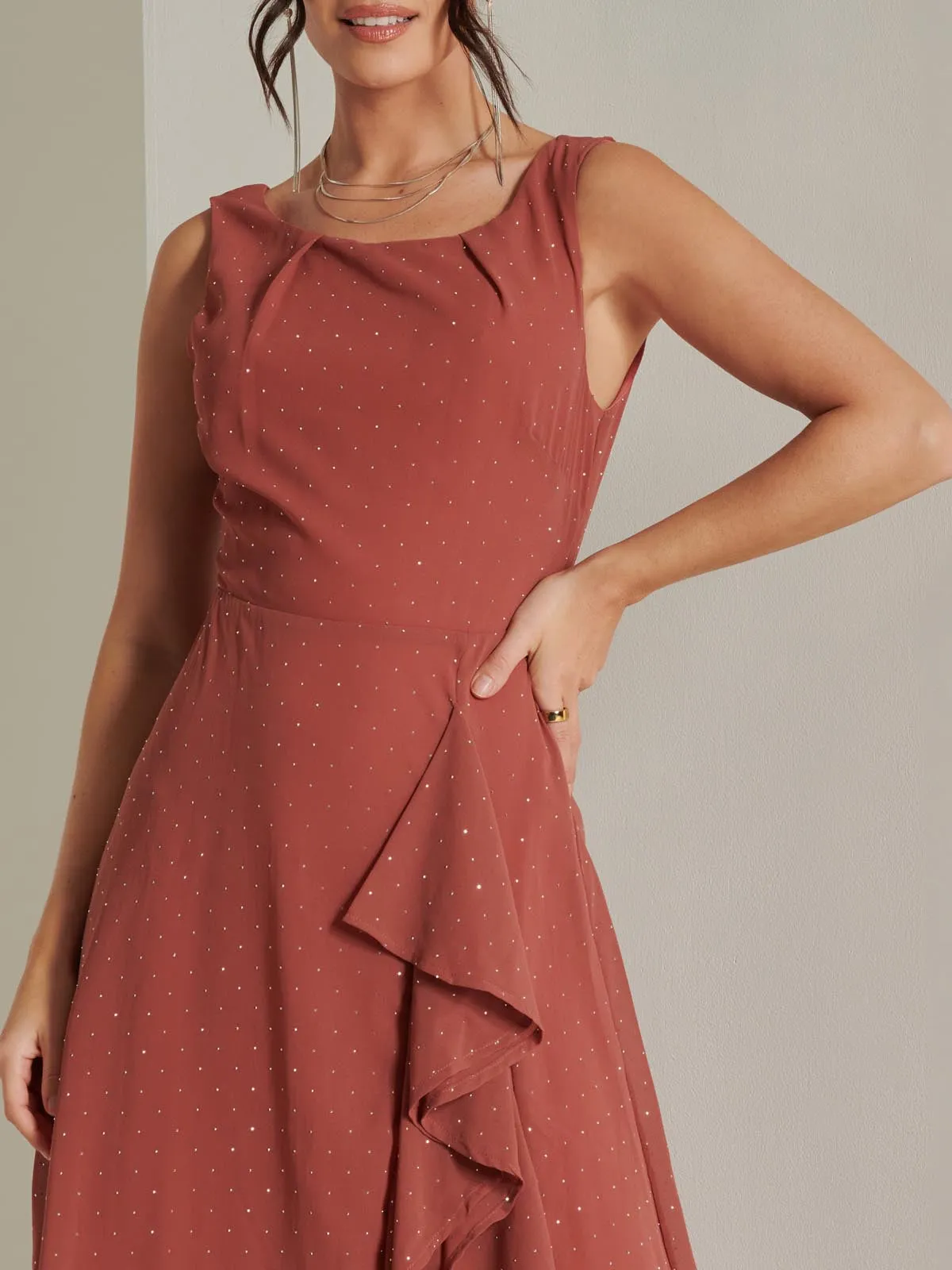 Embellished Frill Hem Chiffon Dress, Rust