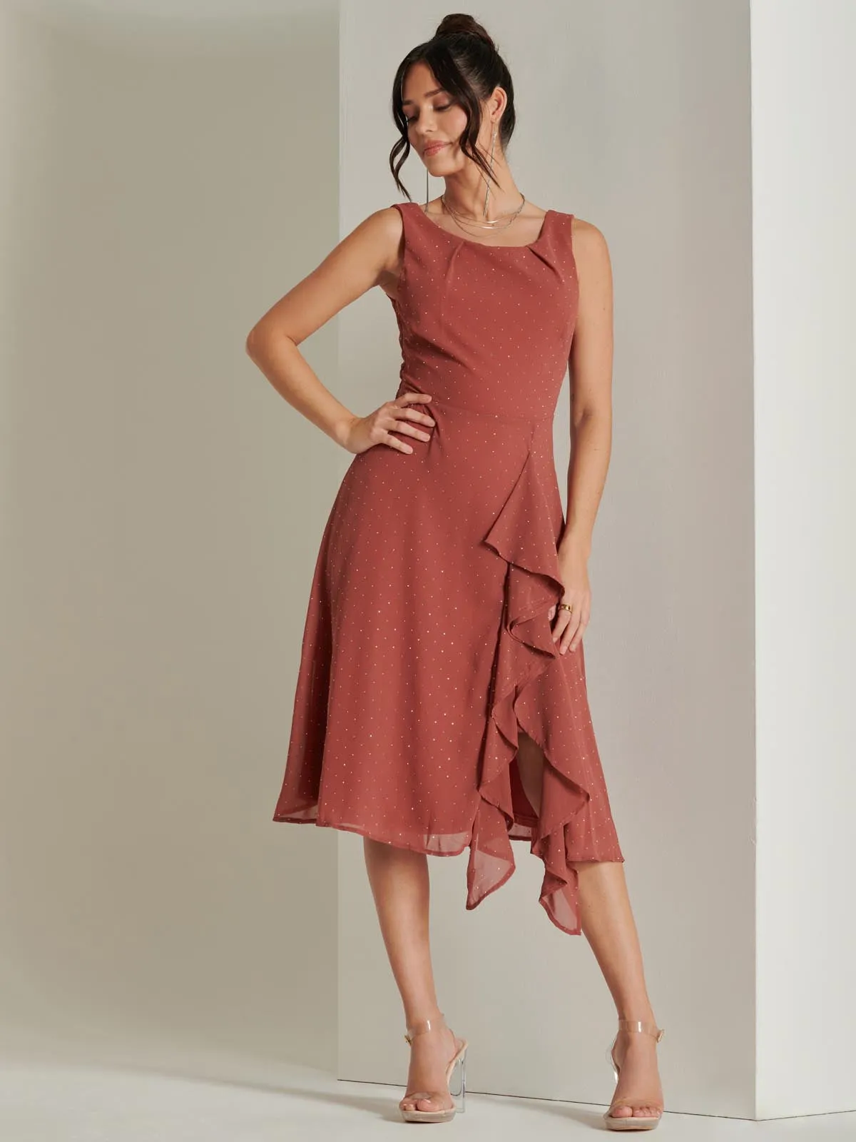 Embellished Frill Hem Chiffon Dress, Rust