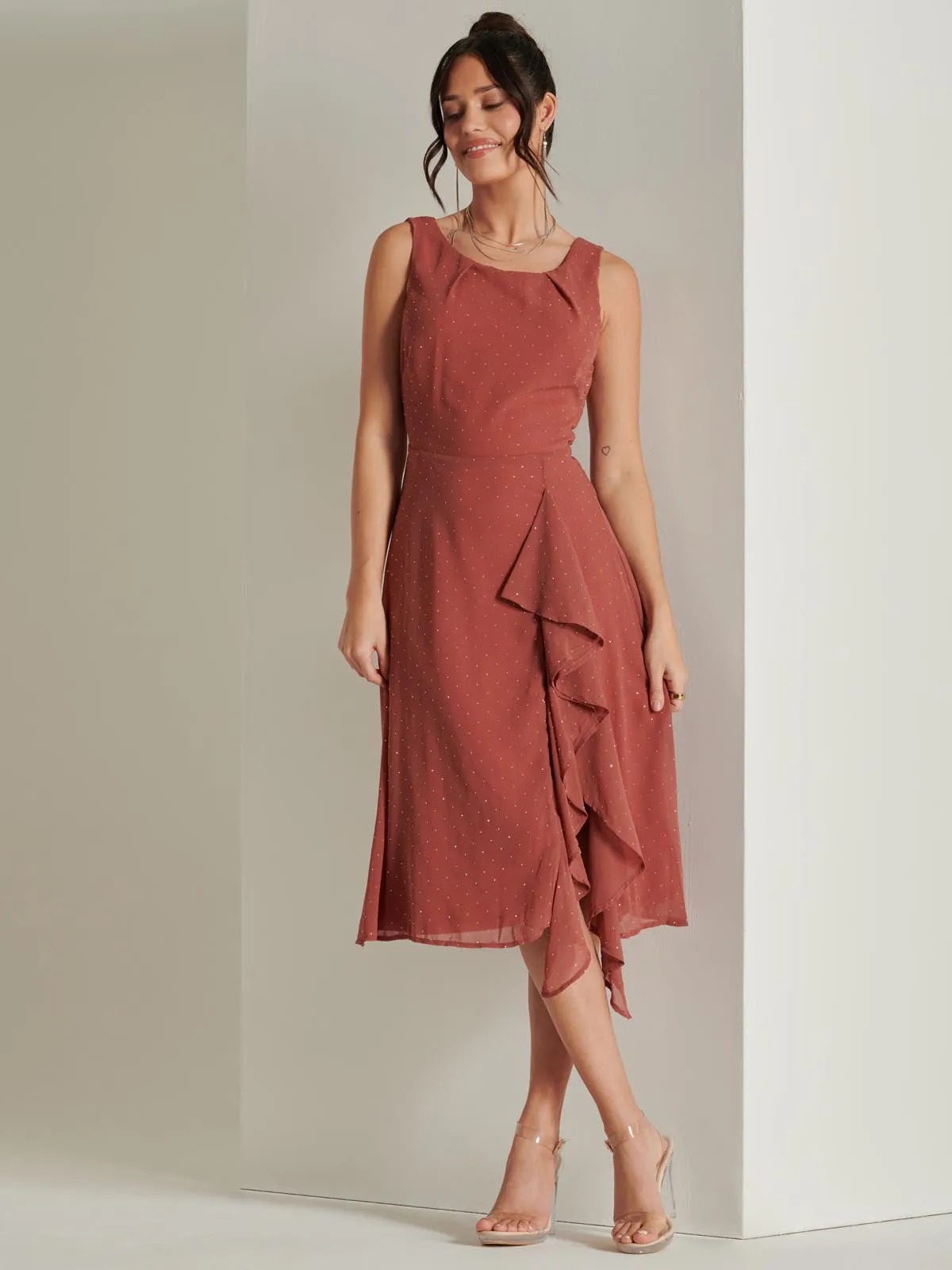 Embellished Frill Hem Chiffon Dress, Rust