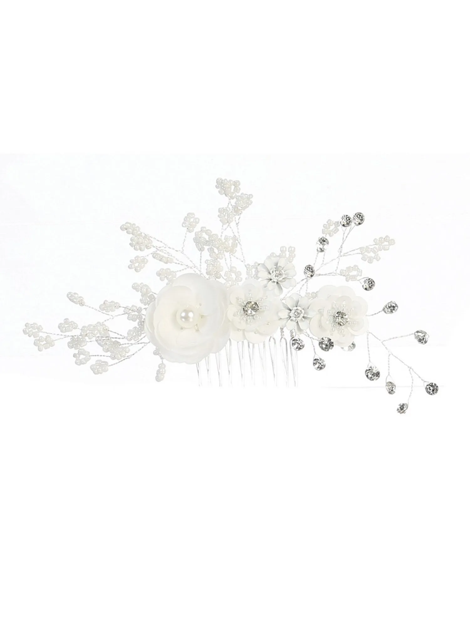 Girls White Floral Rhinestone Beads Comb
