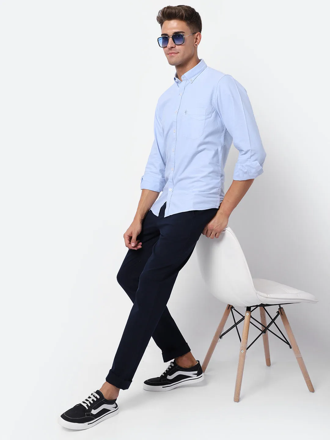 Men's Sky Blue Casual Plain Full Sleeve Shirt
