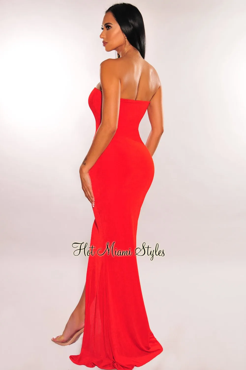 Red Ribbed Strapless Gold Chain Lace Up Slit Gown