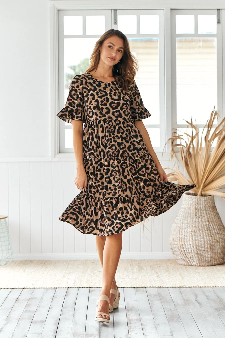 Terri Leopard Midi Tiered Dress
