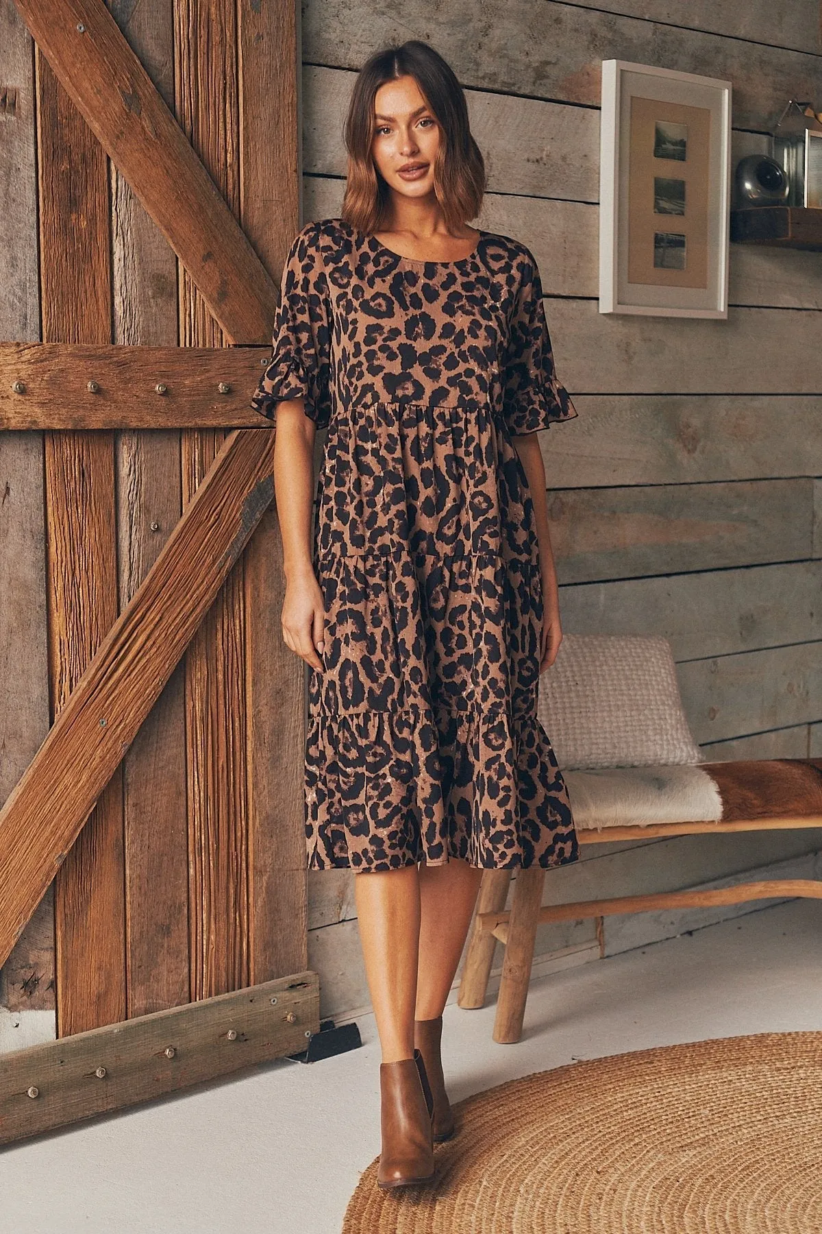 Terri Leopard Midi Tiered Dress