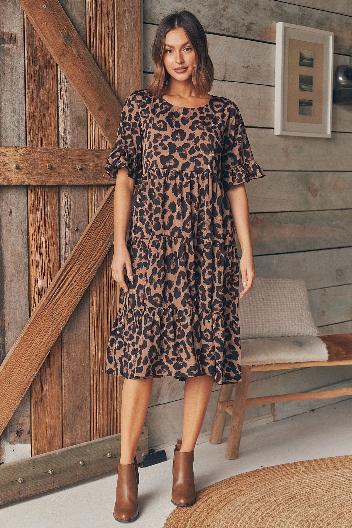 Terri Leopard Midi Tiered Dress