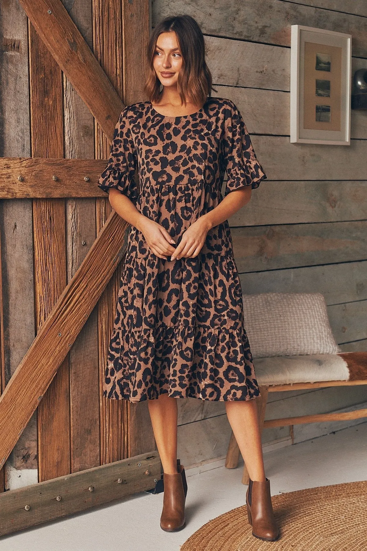 Terri Leopard Midi Tiered Dress