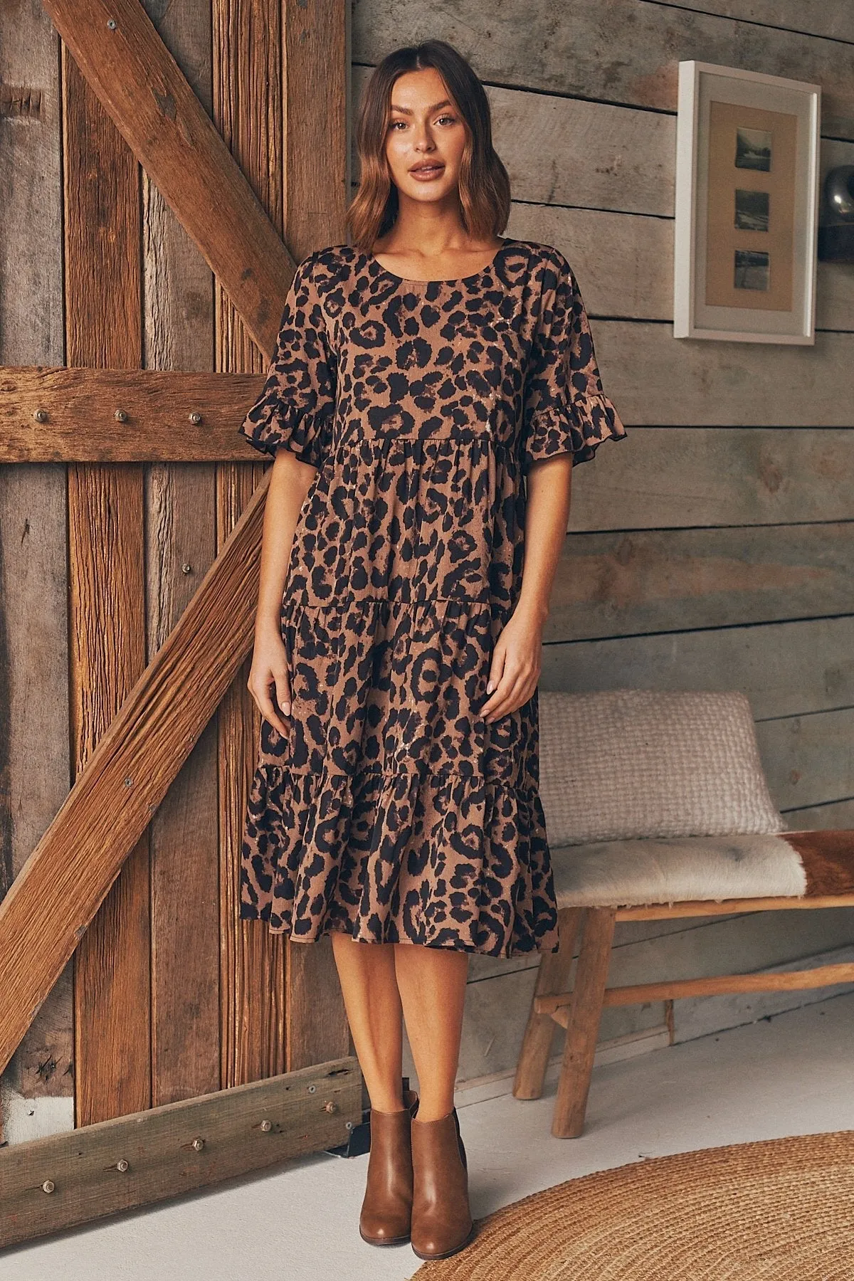 Terri Leopard Midi Tiered Dress