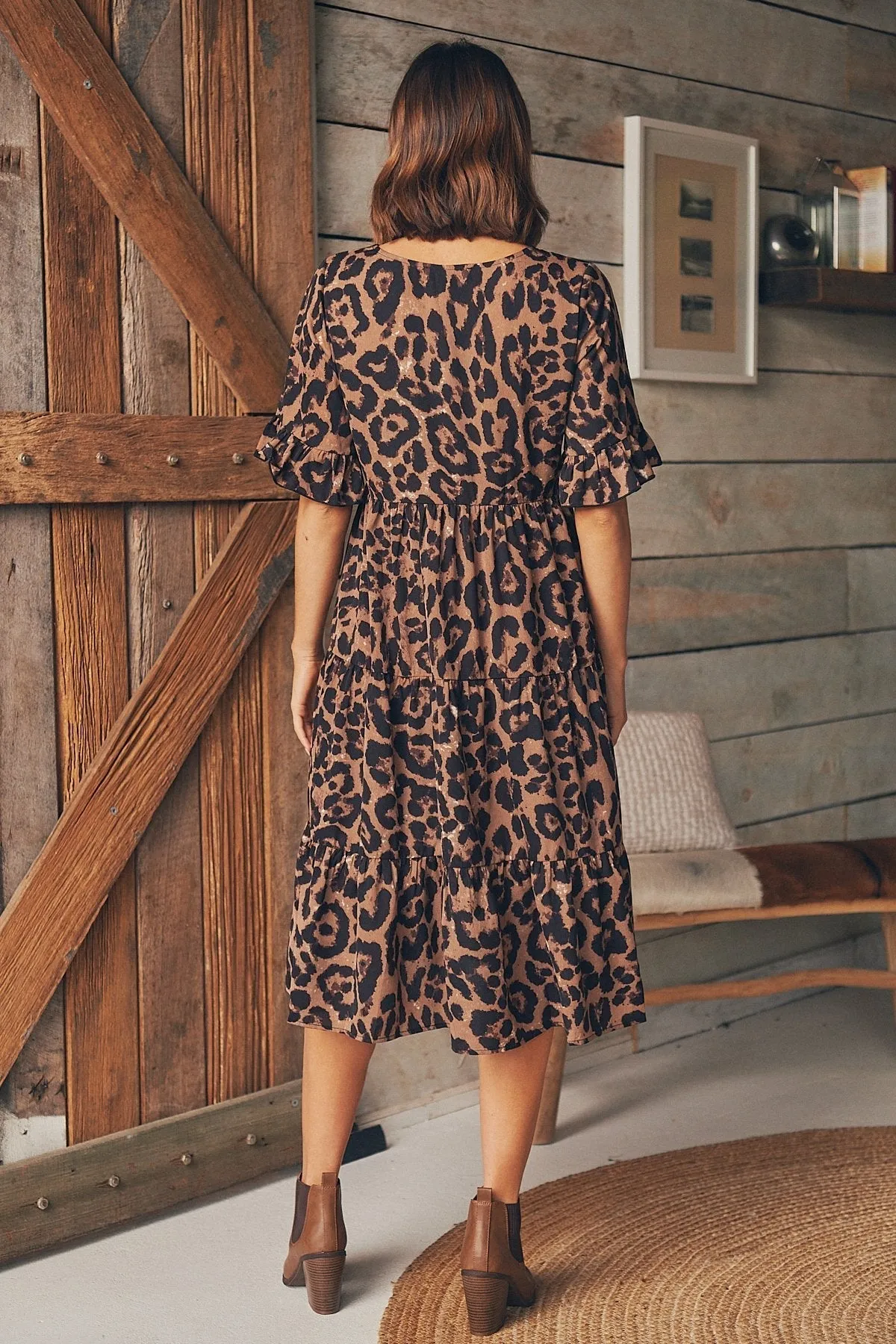 Terri Leopard Midi Tiered Dress