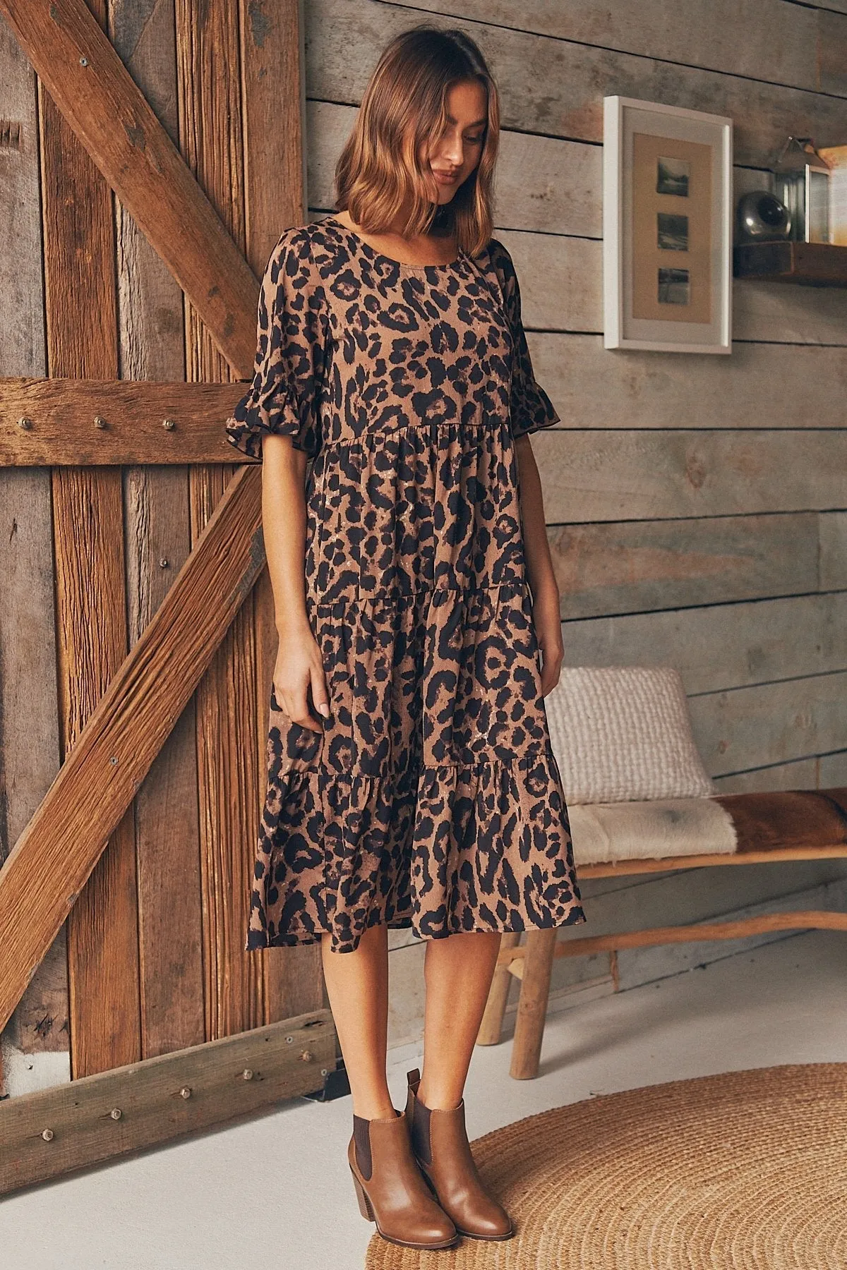 Terri Leopard Midi Tiered Dress