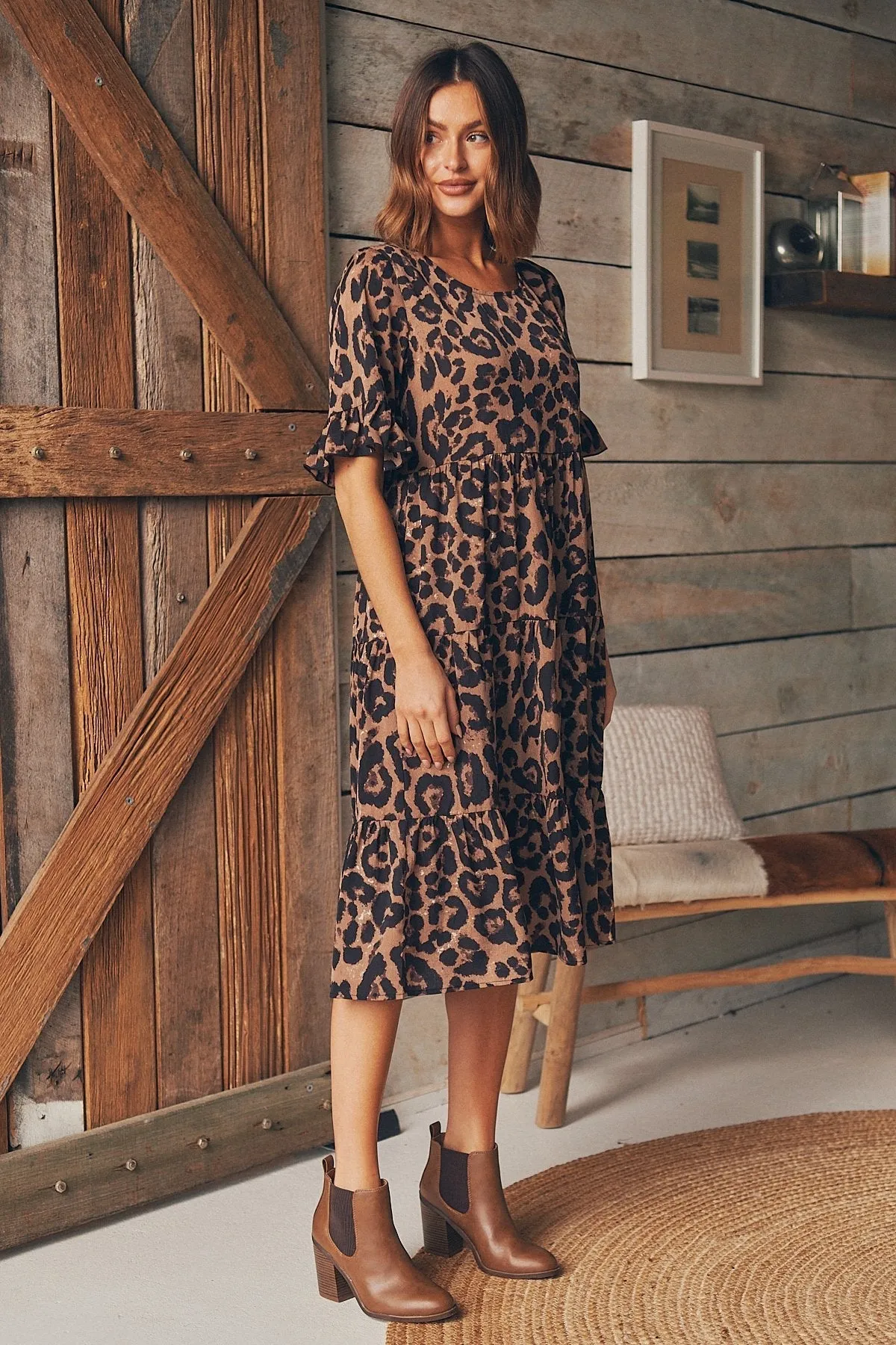 Terri Leopard Midi Tiered Dress