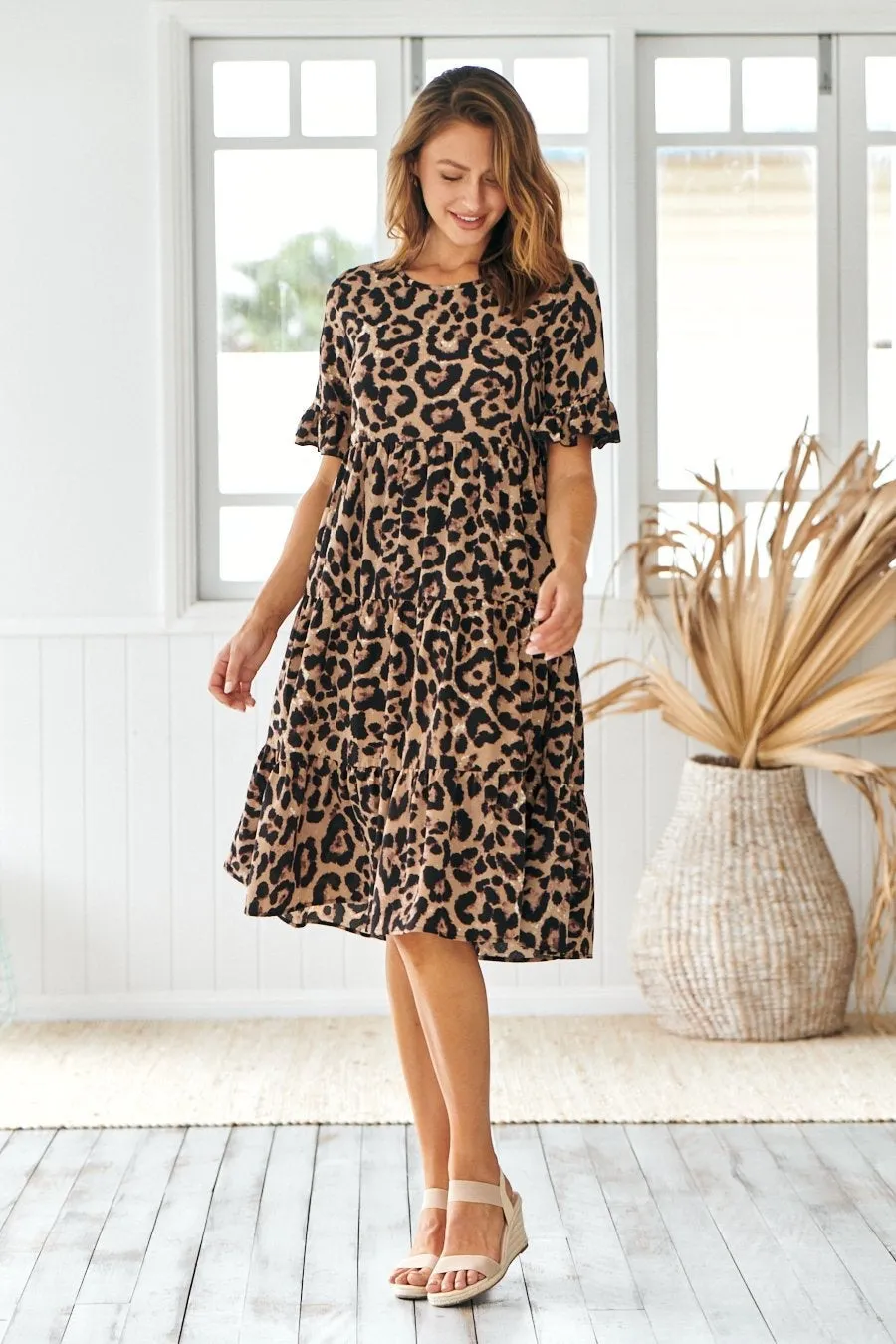 Terri Leopard Midi Tiered Dress