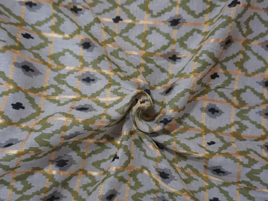 White Abstract Check Print Cotton Fabric