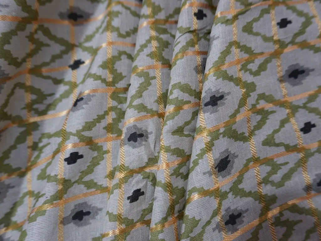 White Abstract Check Print Cotton Fabric