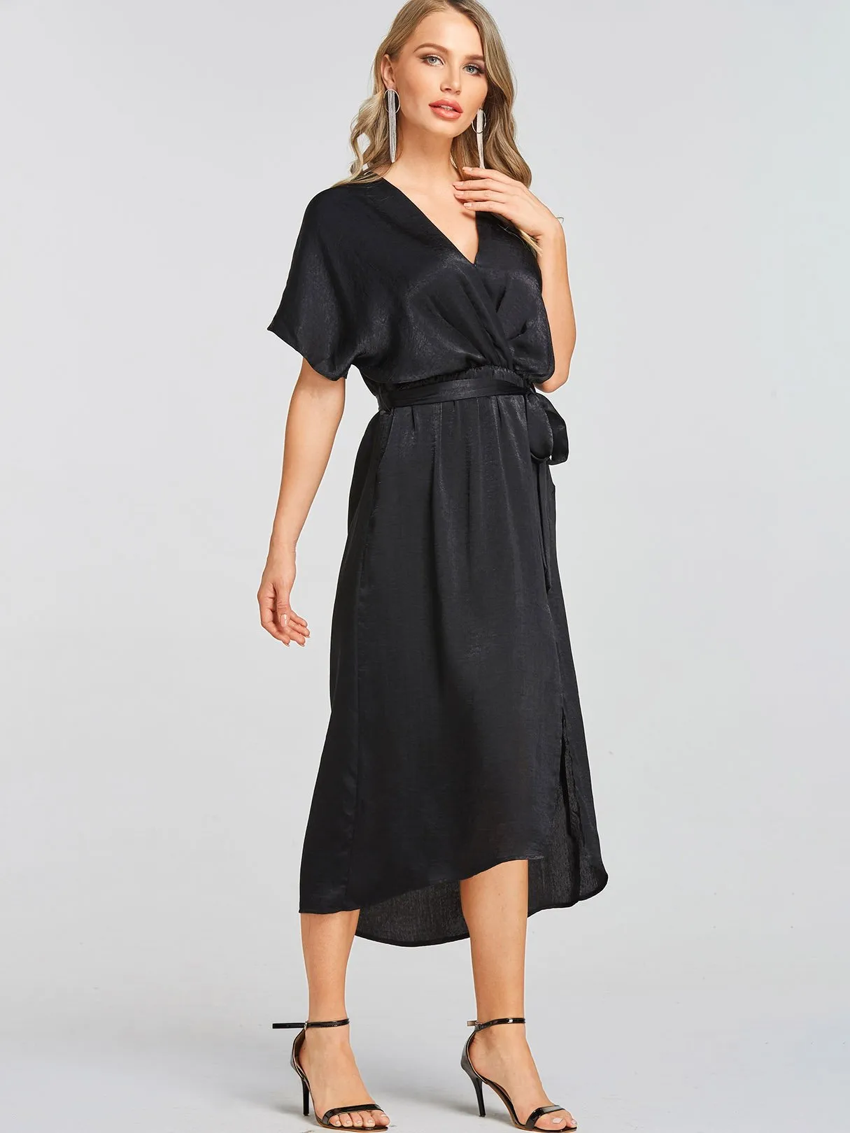 Wholesale Black V-Neck Short Sleeve Plain Self-Tie Wrap Slit Hem Casual Dress