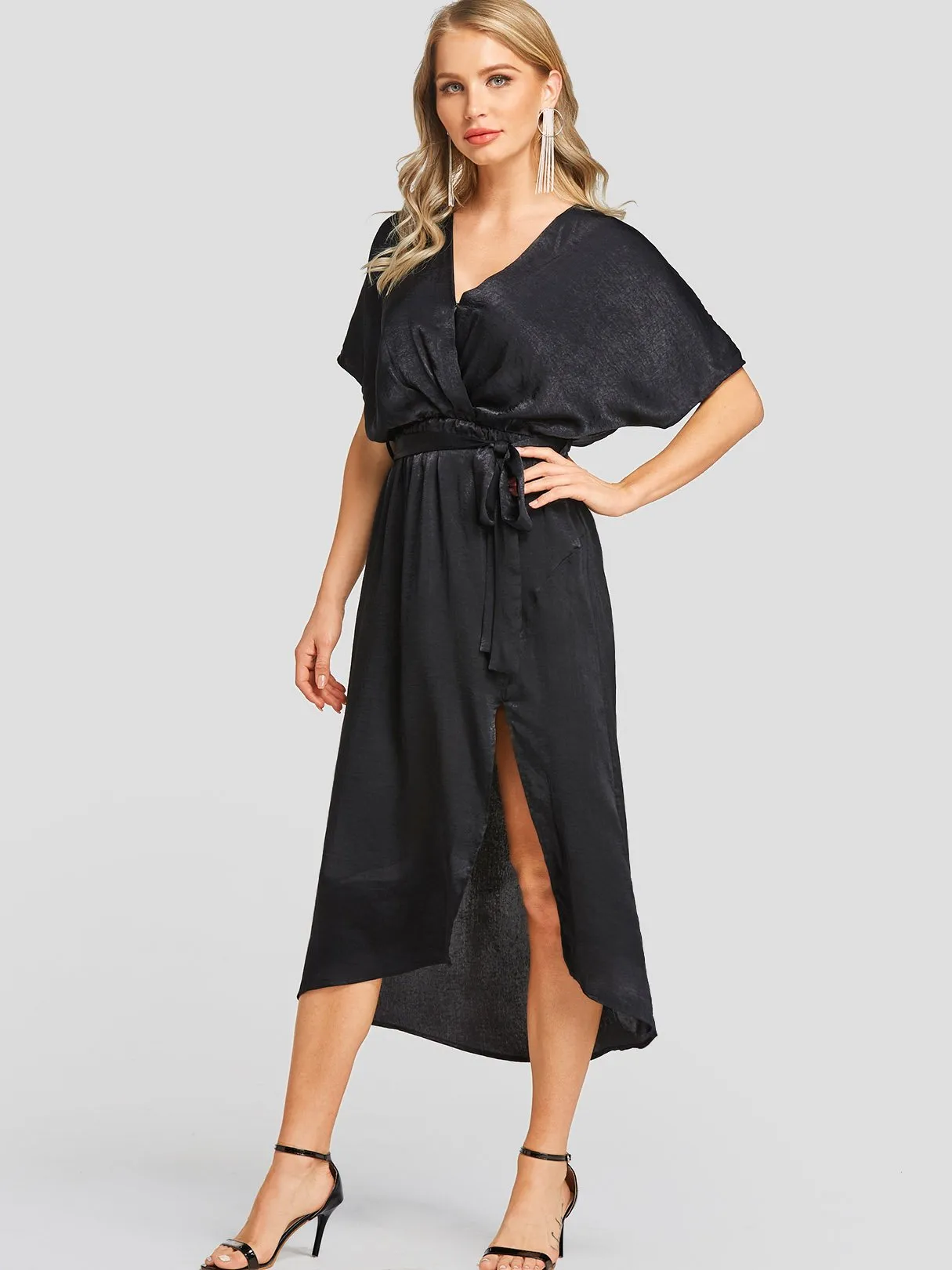 Wholesale Black V-Neck Short Sleeve Plain Self-Tie Wrap Slit Hem Casual Dress