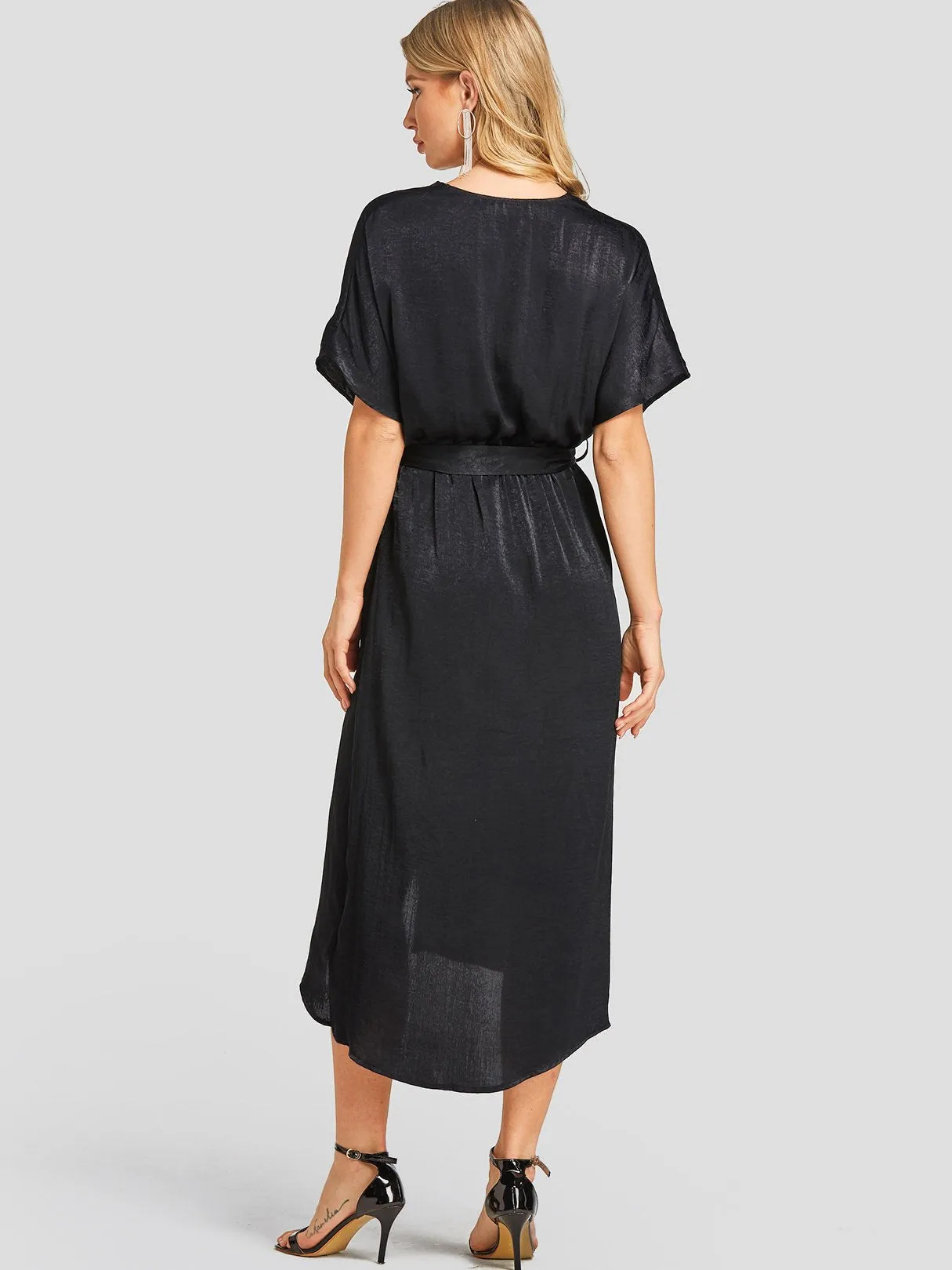 Wholesale Black V-Neck Short Sleeve Plain Self-Tie Wrap Slit Hem Casual Dress