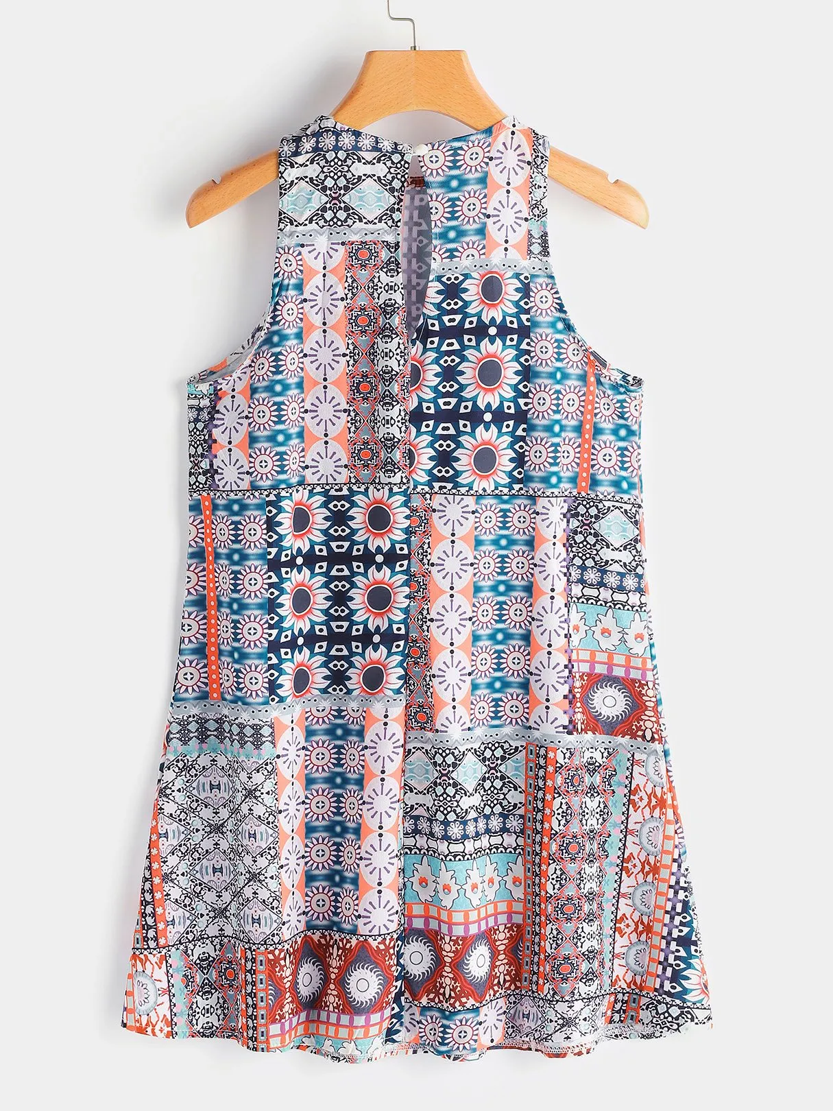 Wholesale Blue Round Neck Sleeveless Tribal Print Casual Dresses