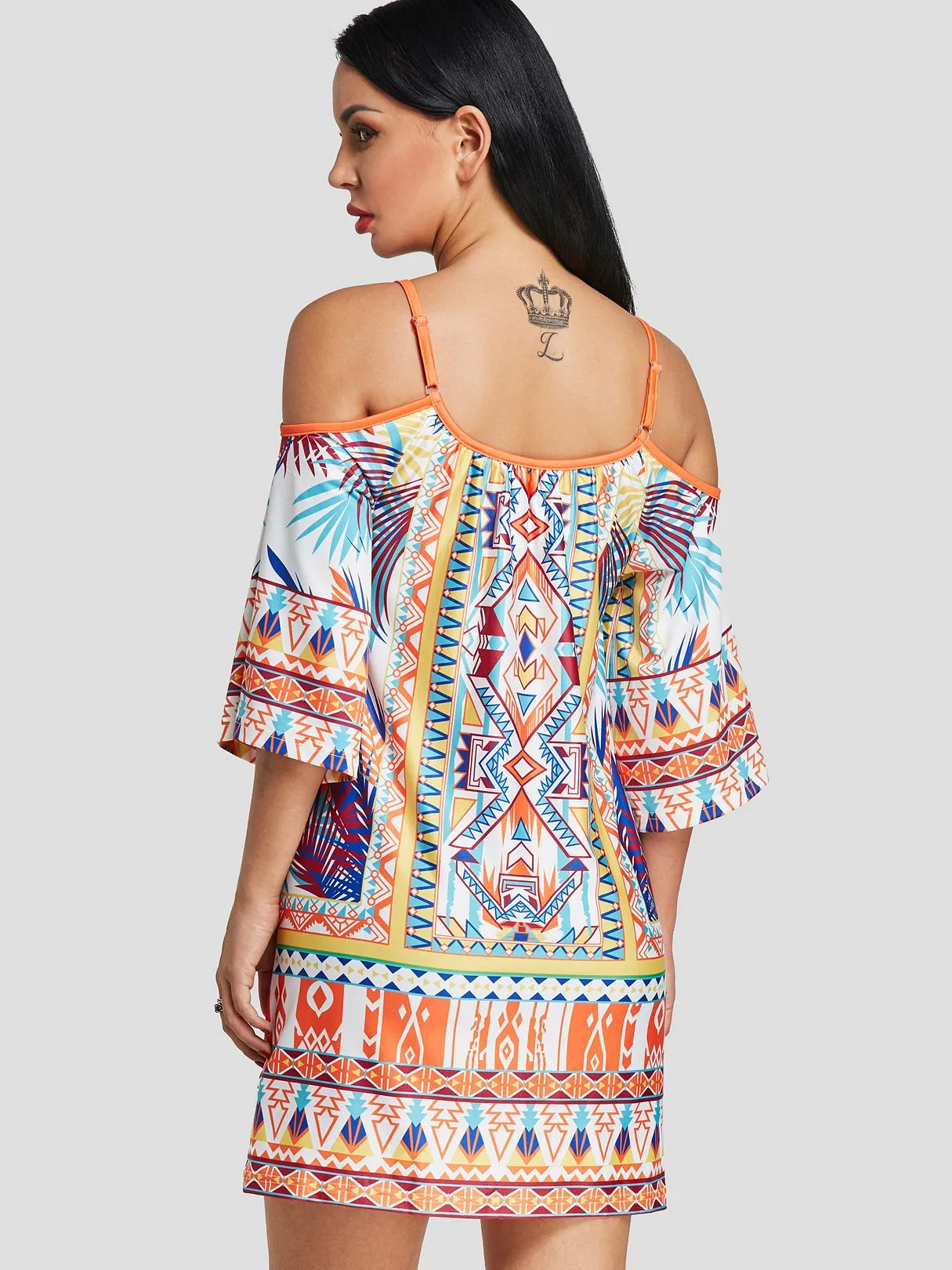 Wholesale Cold Shoulder Half Sleeve Tribal Print Spaghetti Strap Casual Dresses