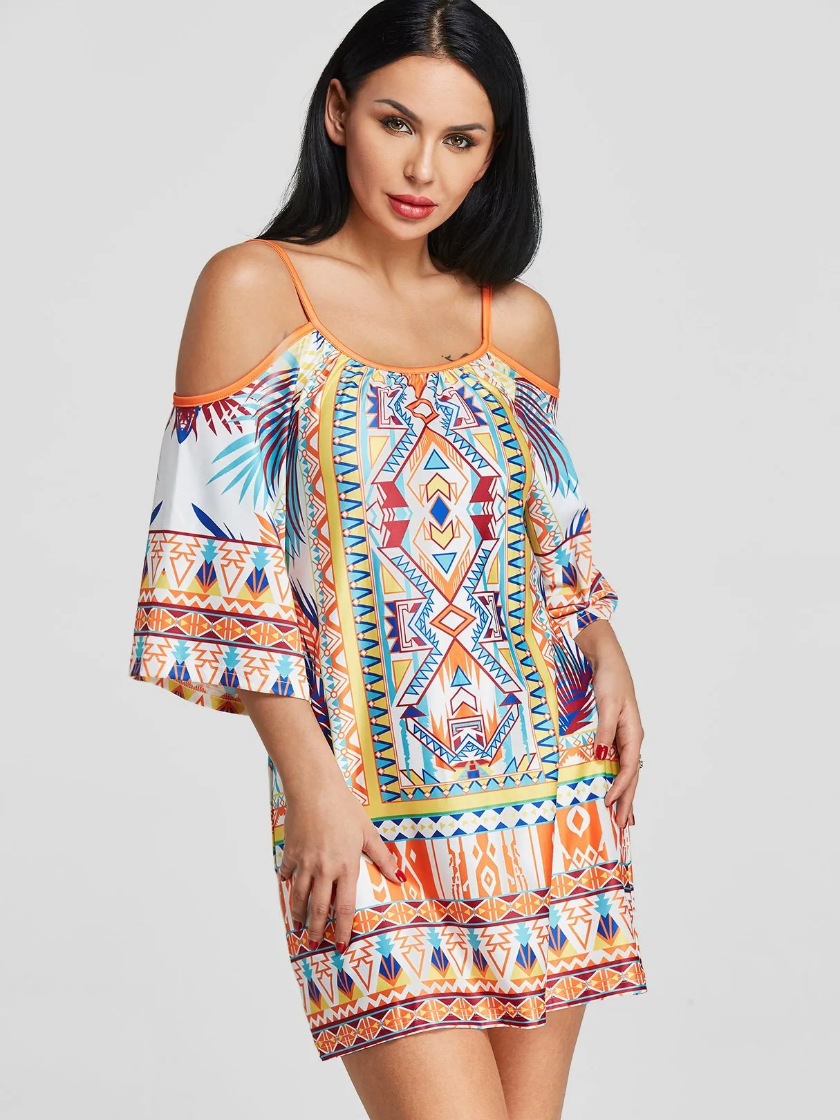 Wholesale Cold Shoulder Half Sleeve Tribal Print Spaghetti Strap Casual Dresses