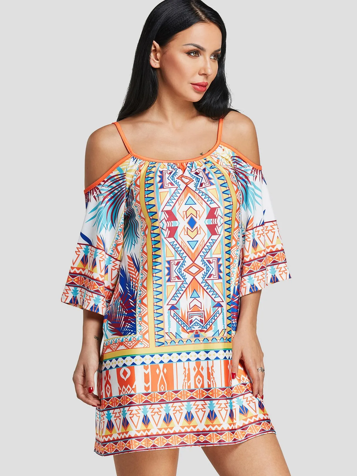 Wholesale Cold Shoulder Half Sleeve Tribal Print Spaghetti Strap Casual Dresses