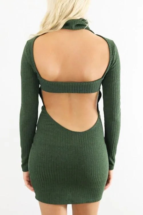 Wholesale Green High Neck Long Sleeve Backless Bodycon Casual Dress